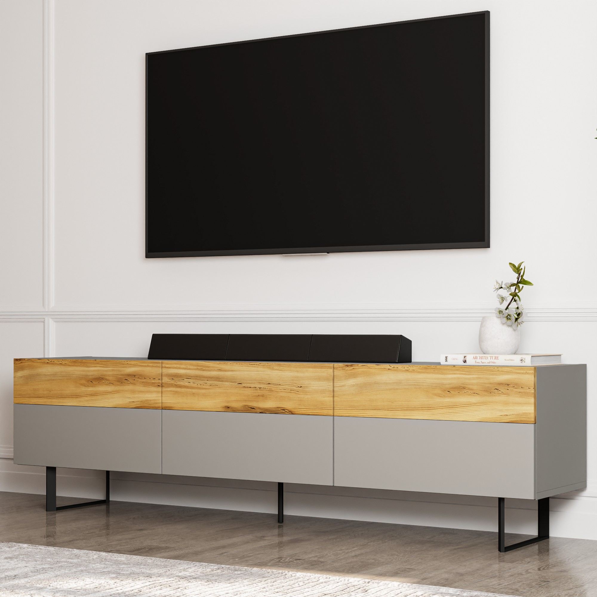 Comoda tv, Hanah Home, pal melaminat, gri si stejar, 180x49x37 cm — imaginea 2