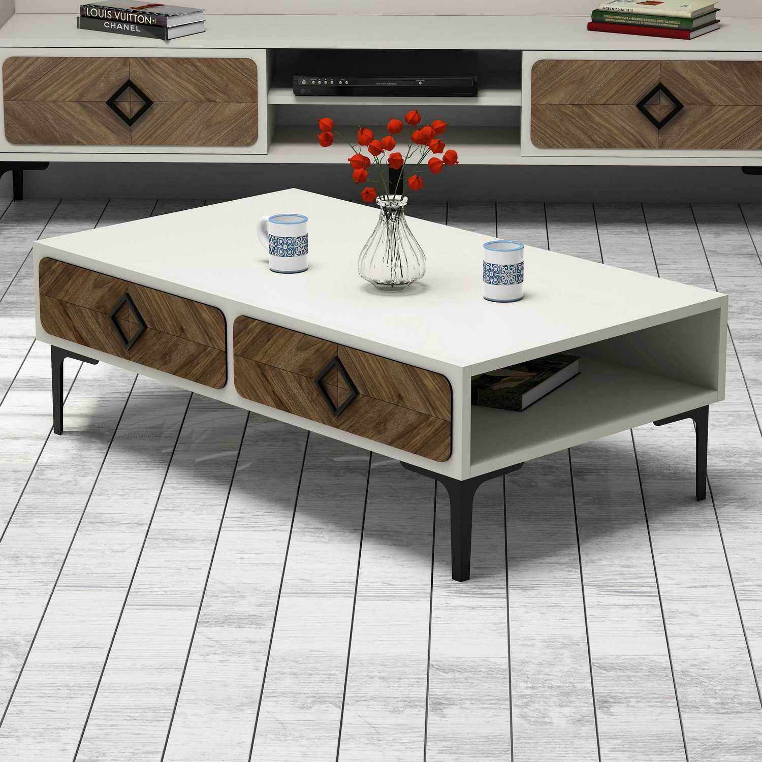 Masuta de cafea, Hanah Home, pal melaminat, nuc si crem, 105x60x34.6 cm, 845HCT2849