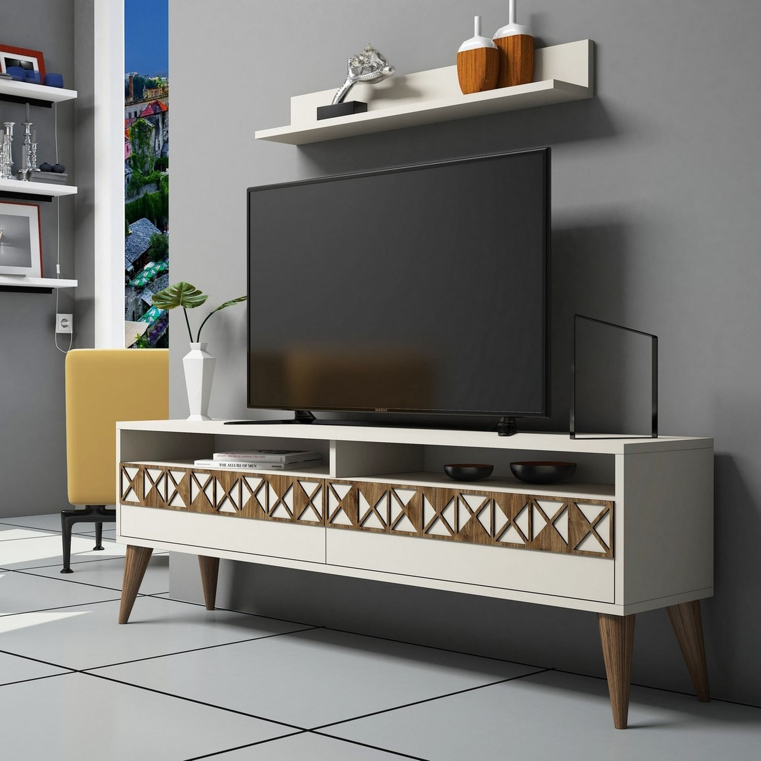 Comoda tv, Hanah Home, pal melaminat, crem, 150x50x30 cm, 845HCT3083 — imaginea 2
