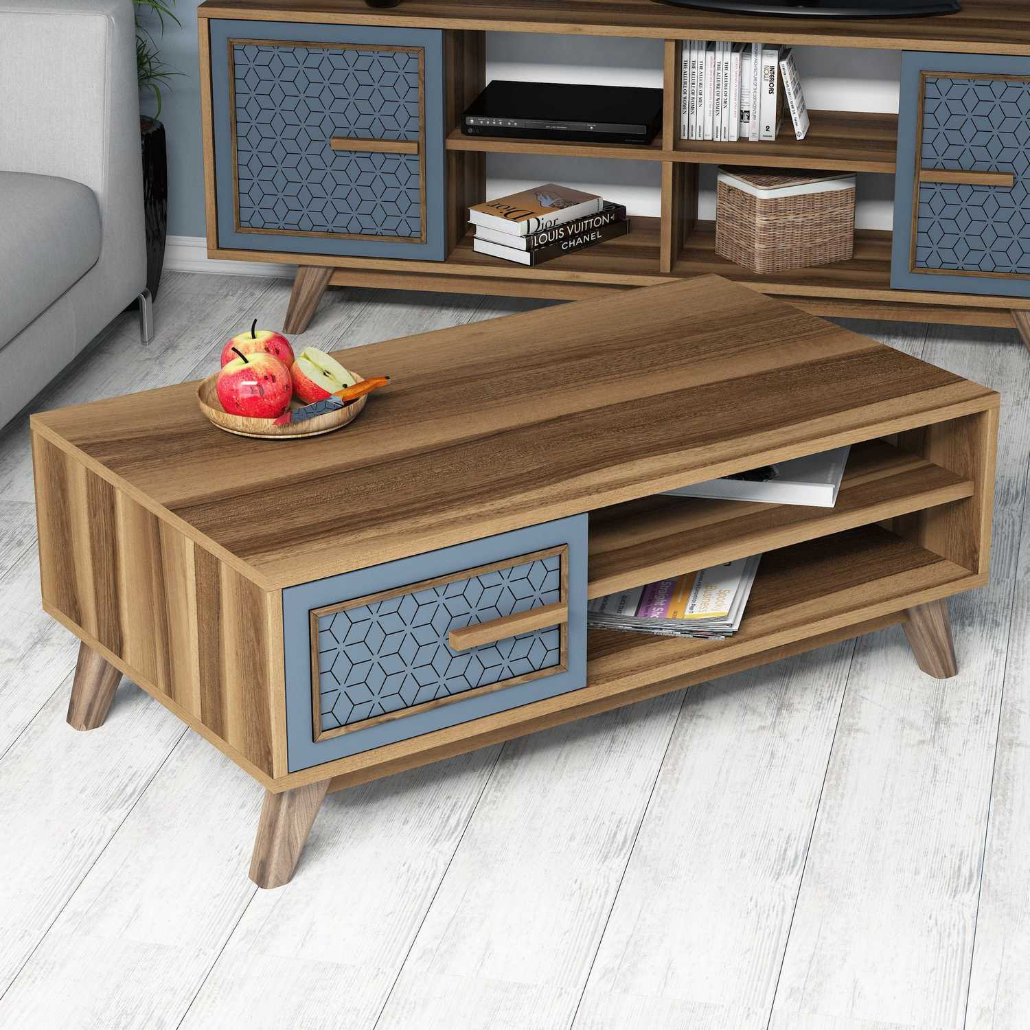 Masuta de cafea, Hanah Home, pal melaminat, nuc si albastru, 105x60x38.2 cm, 845HCT2834 — imaginea 2