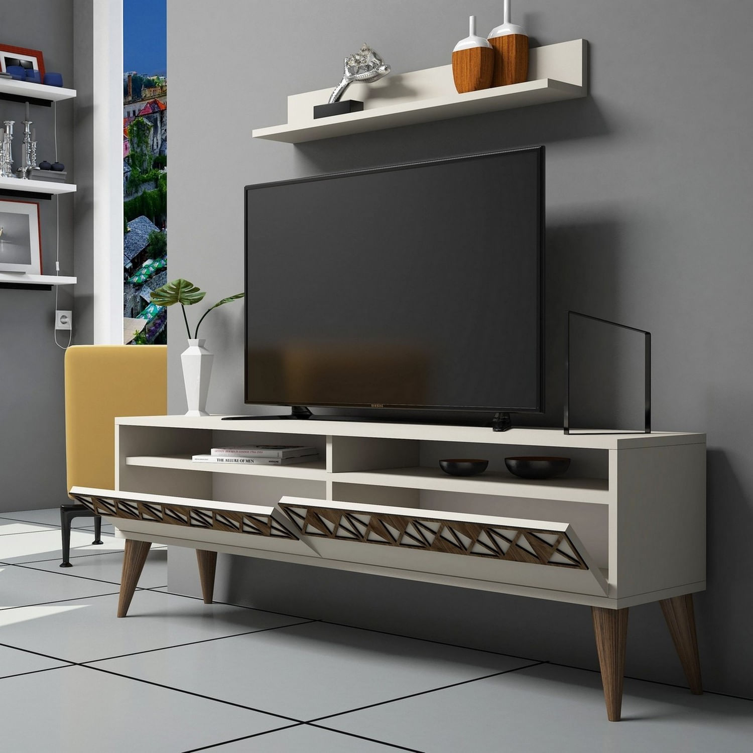 Comoda tv, Hanah Home, pal melaminat, crem, 150x50x30 cm, 845HCT3083 — imaginea 3