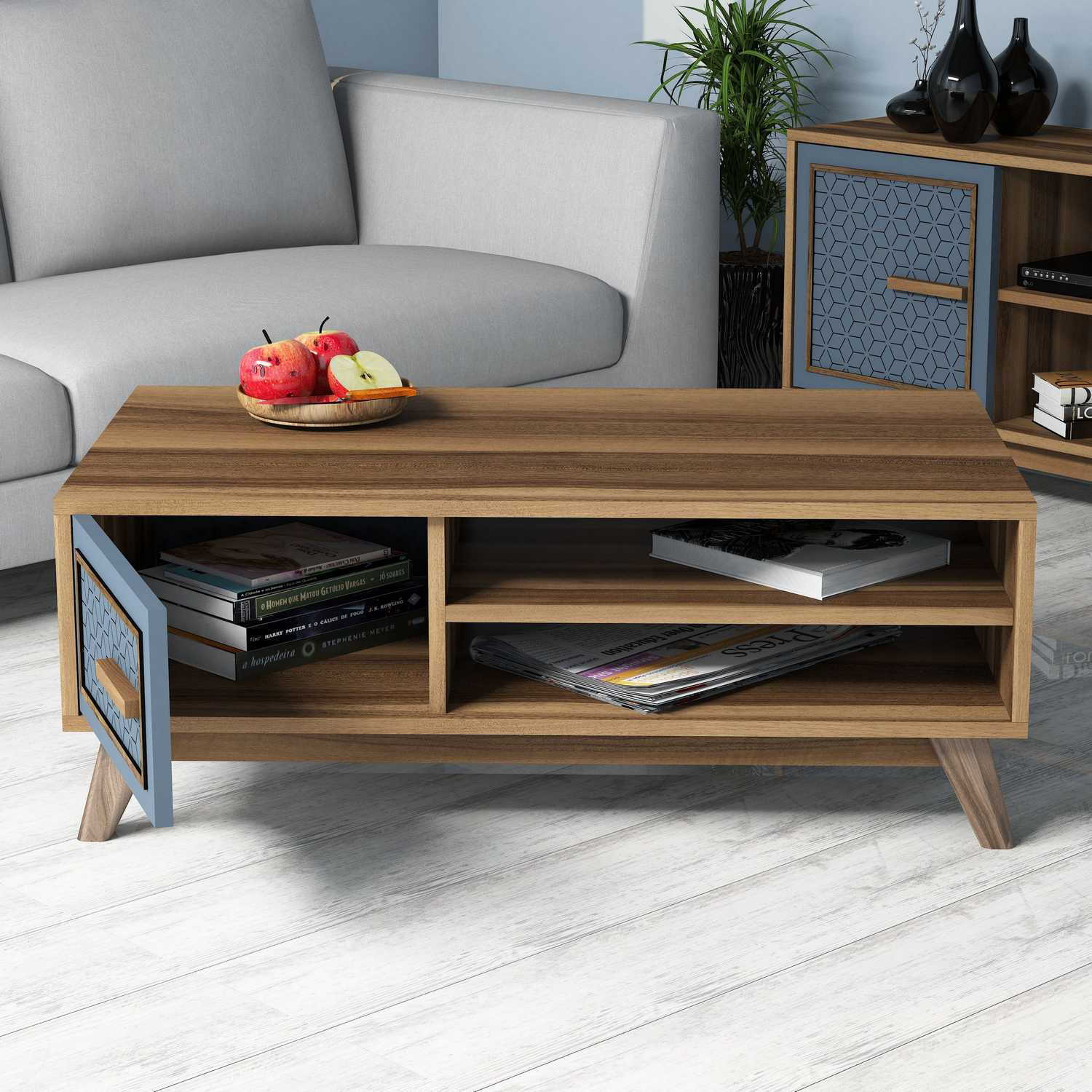 Masuta de cafea, Hanah Home, pal melaminat, nuc si albastru, 105x60x38.2 cm, 845HCT2834 — imaginea 3