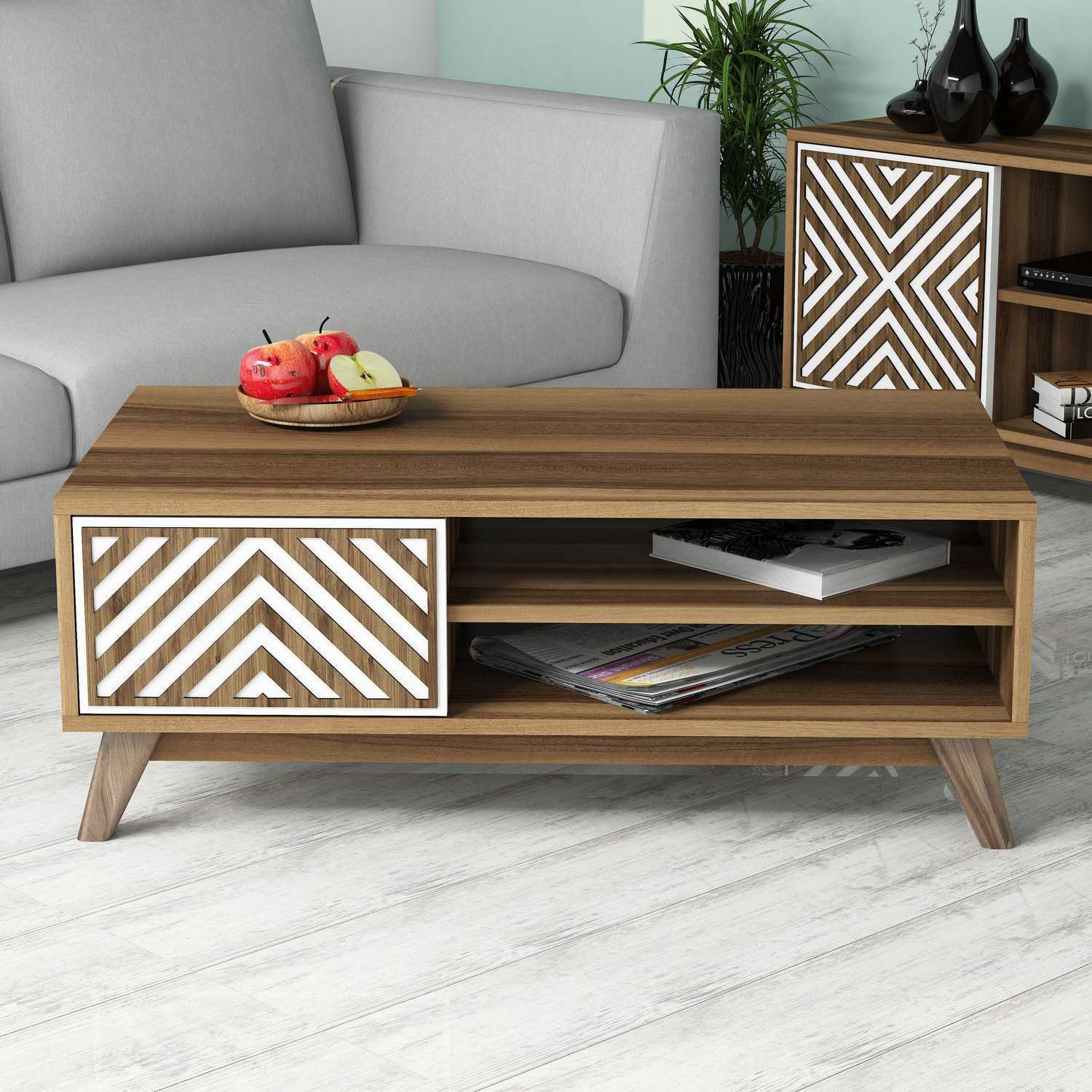 Masuta de cafea, Hanah Home, pal melaminat, nuc si alb, 105x60x38.2 cm, 845HCT2837
