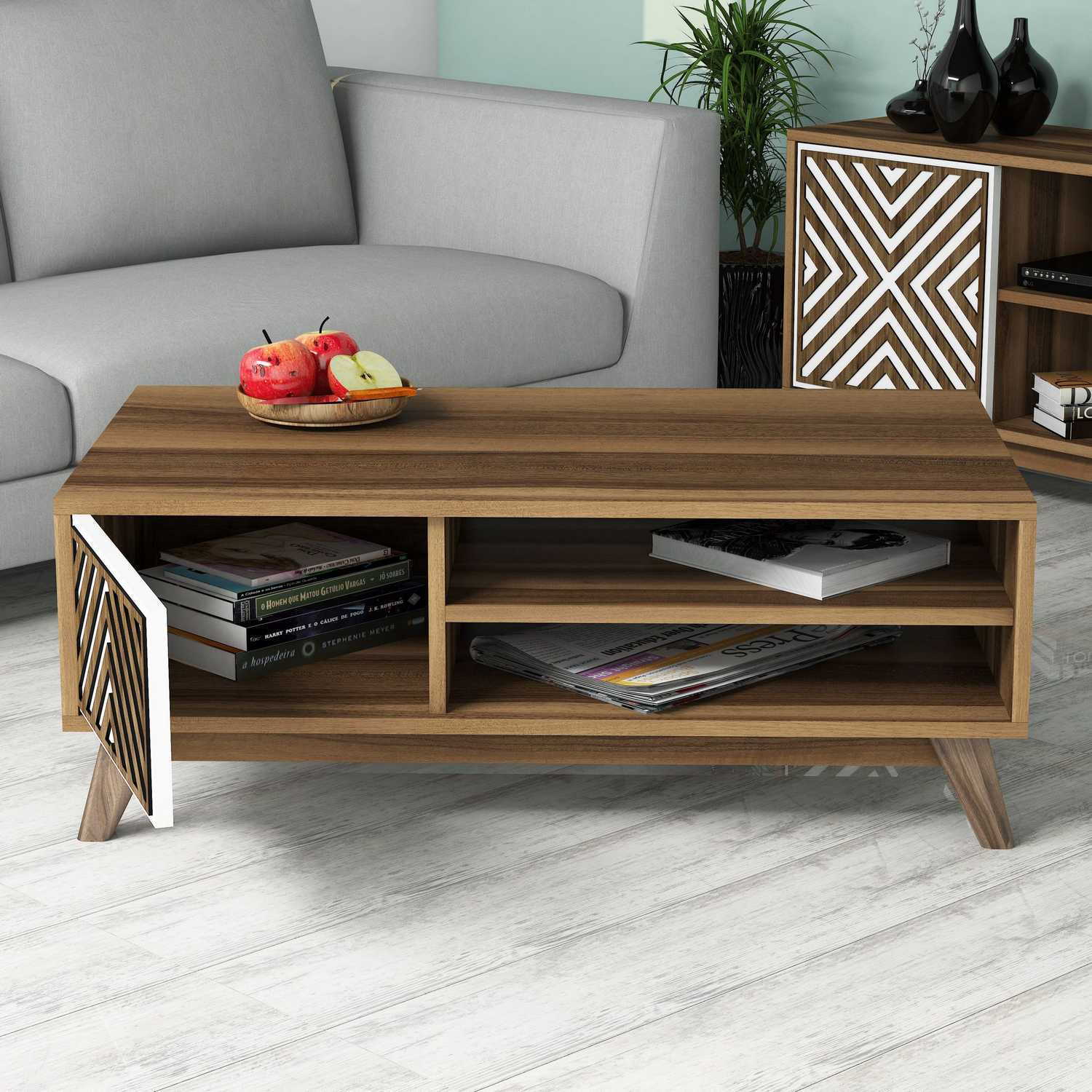 Masuta de cafea, Hanah Home, pal melaminat, nuc si alb, 105x60x38.2 cm, 845HCT2837 — imaginea 2