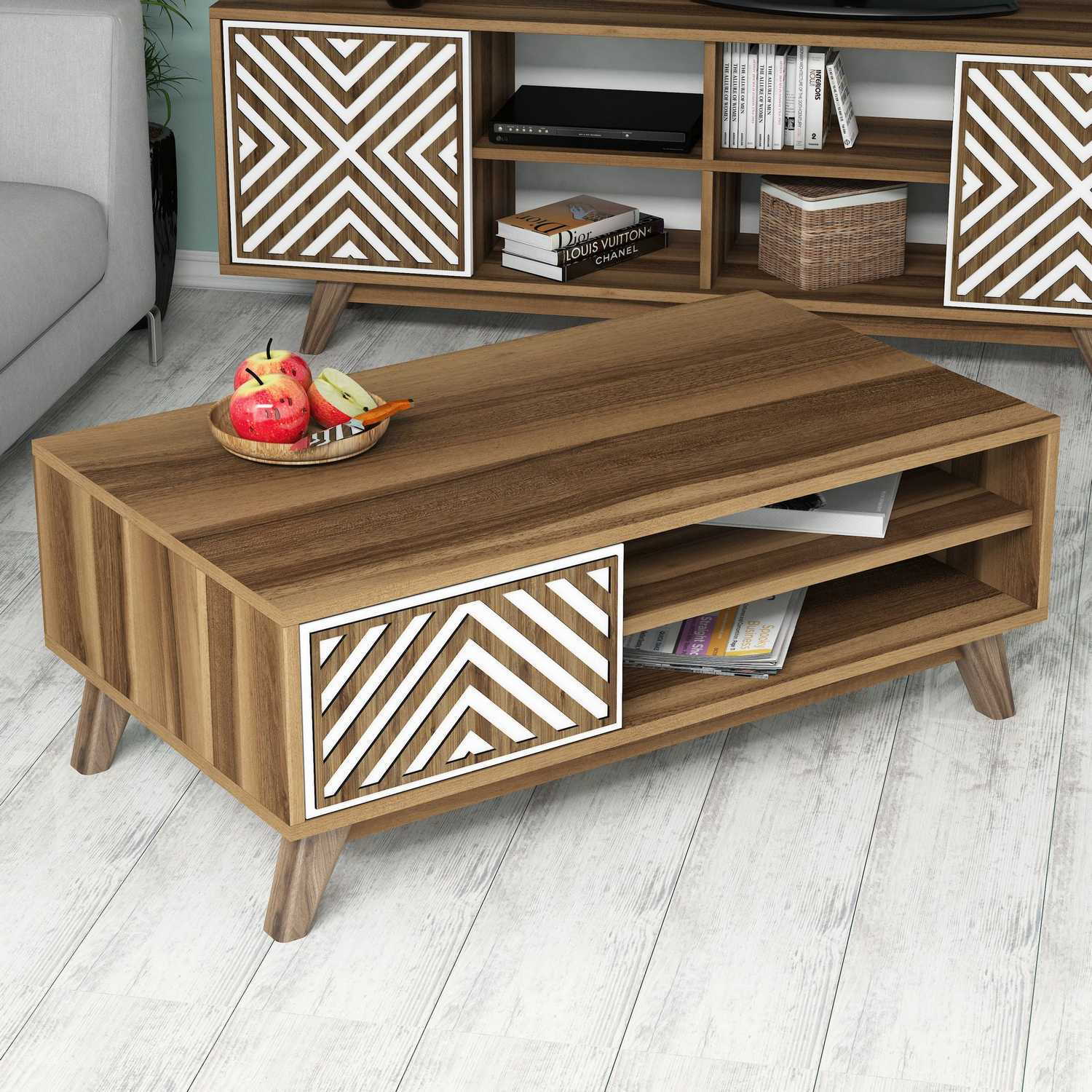 Masuta de cafea, Hanah Home, pal melaminat, nuc si alb, 105x60x38.2 cm, 845HCT2837 — imaginea 3