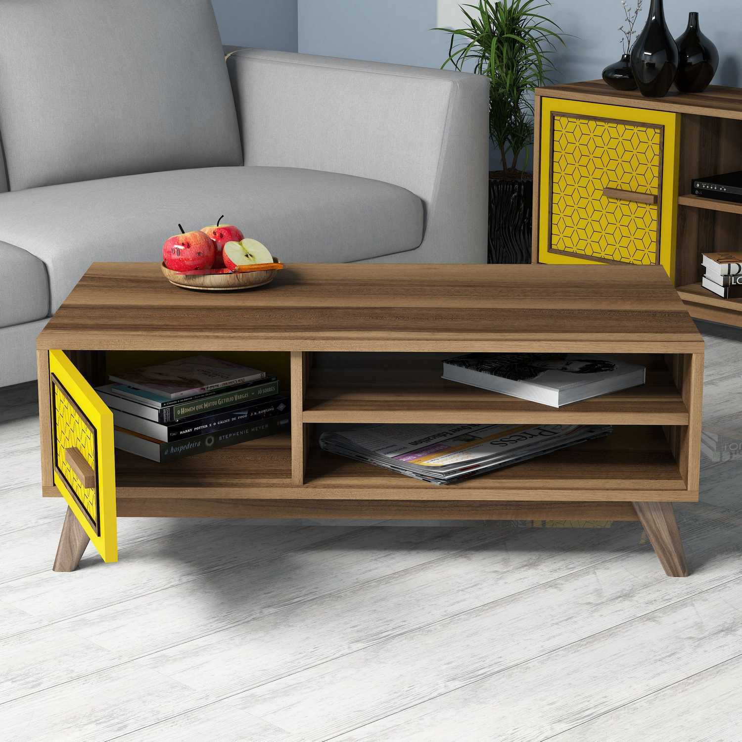 Masuta de cafea, Hanah Home, pal melaminat, nuc si galben, 105x60x38.2 cm, 845HCT2836 — imaginea 2