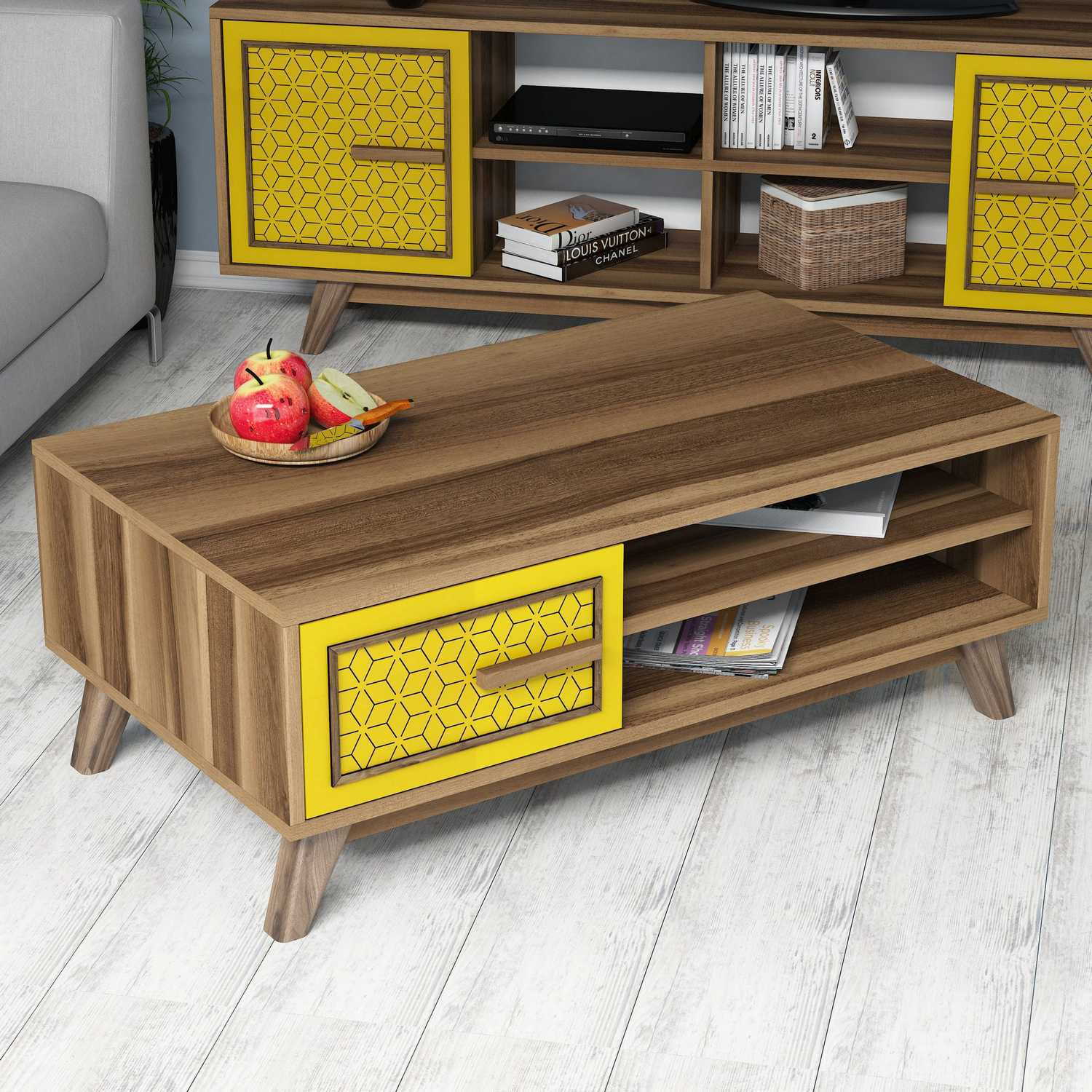 Masuta de cafea, Hanah Home, pal melaminat, nuc si galben, 105x60x38.2 cm, 845HCT2836 — imaginea 3