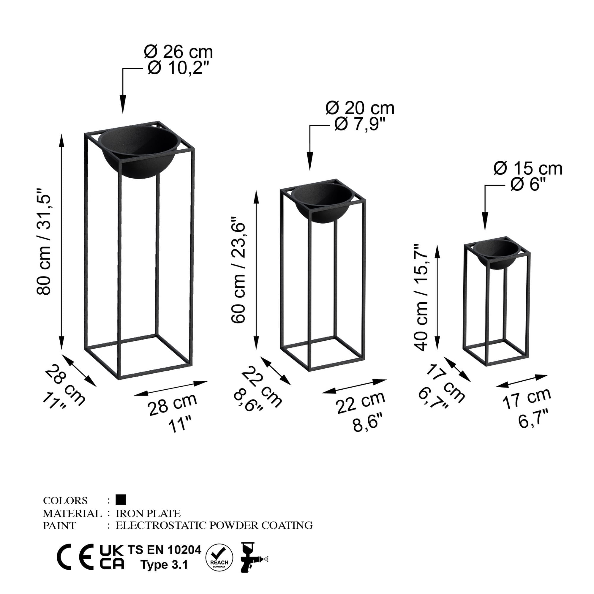Set ghivece decorative, Aberto Design, metal, negru, 3 dimensiuni — imaginea 6