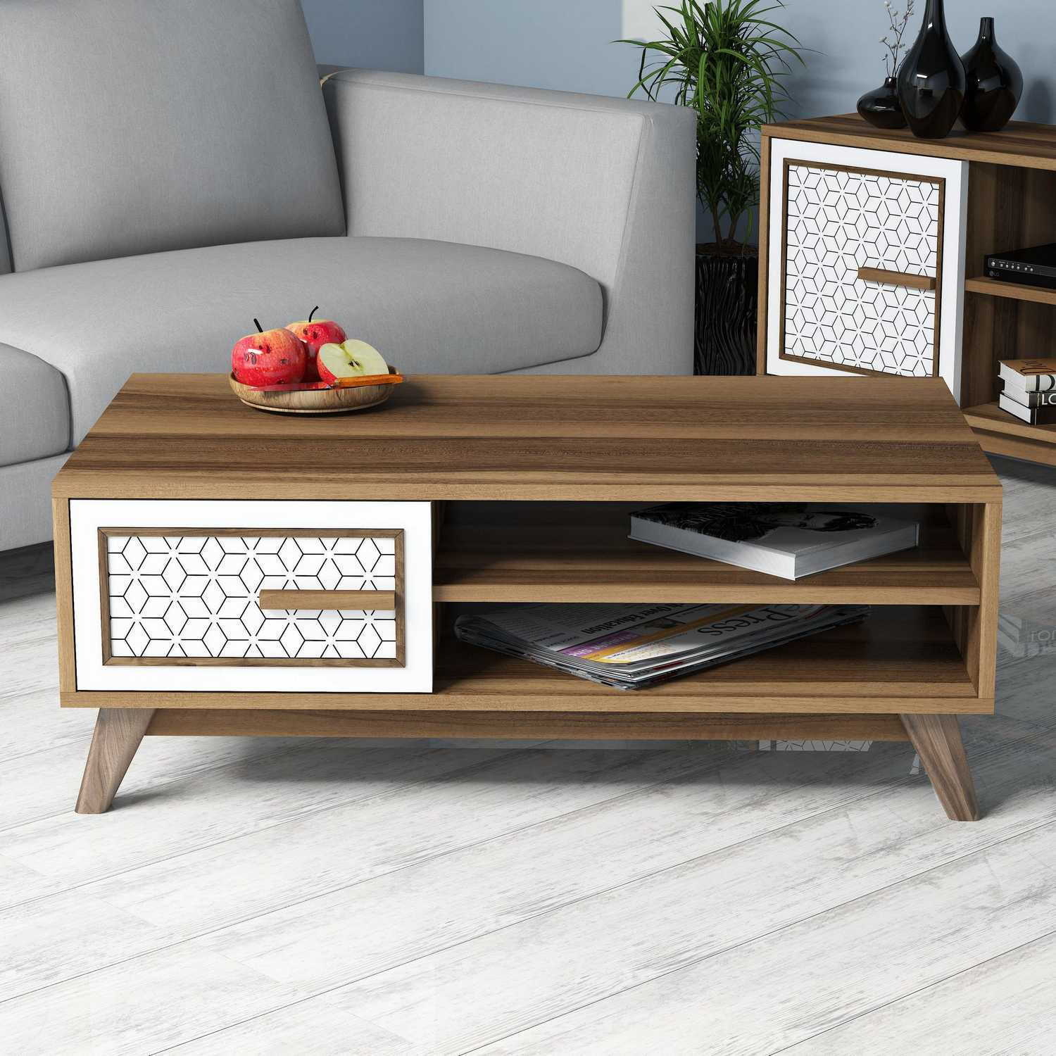 Masuta de cafea, Hanah Home, pal melaminat, nuc si alb, 105x60x38.2 cm, 845HCT2832