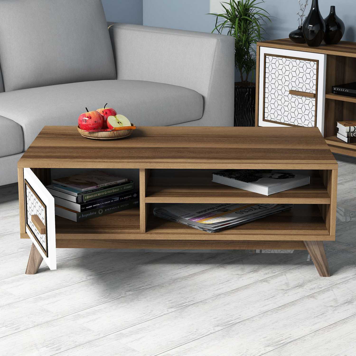 Masuta de cafea, Hanah Home, pal melaminat, nuc si alb, 105x60x38.2 cm, 845HCT2832 — imaginea 2