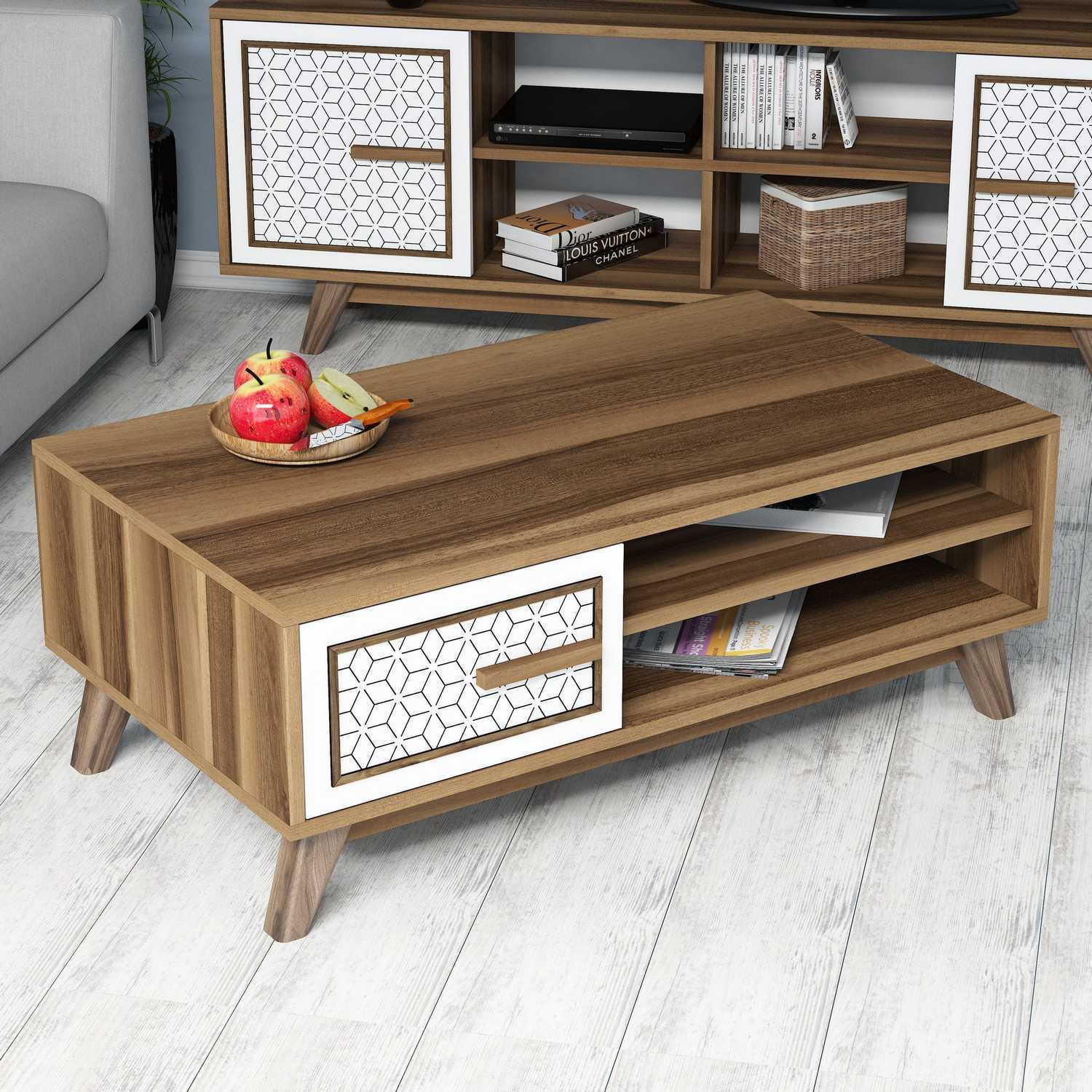 Masuta de cafea, Hanah Home, pal melaminat, nuc si alb, 105x60x38.2 cm, 845HCT2832 — imaginea 3