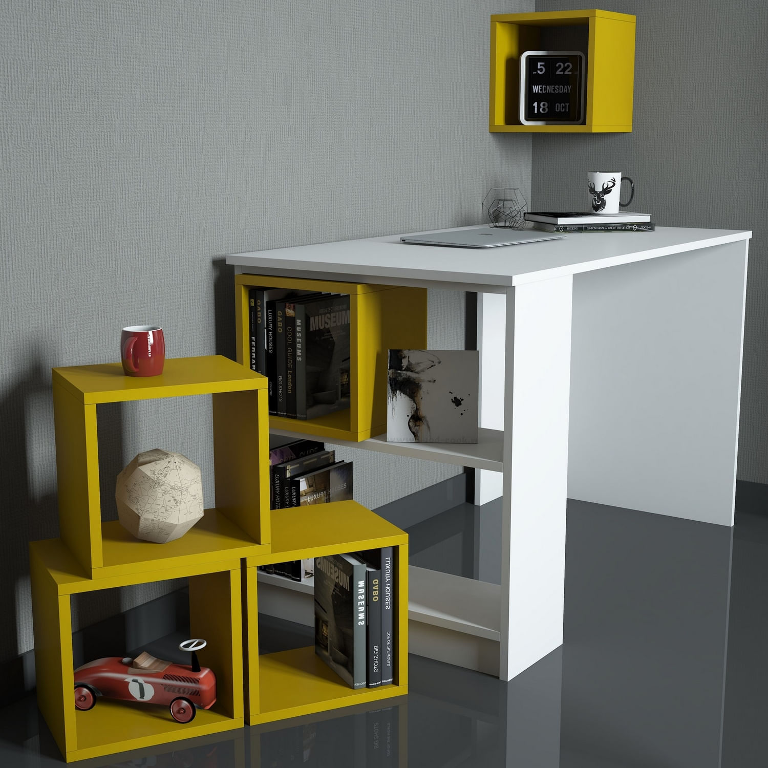 Birou de studiu, Hanah Home, pal melaminat, alb galben, 120x65x75 cm — imaginea 2