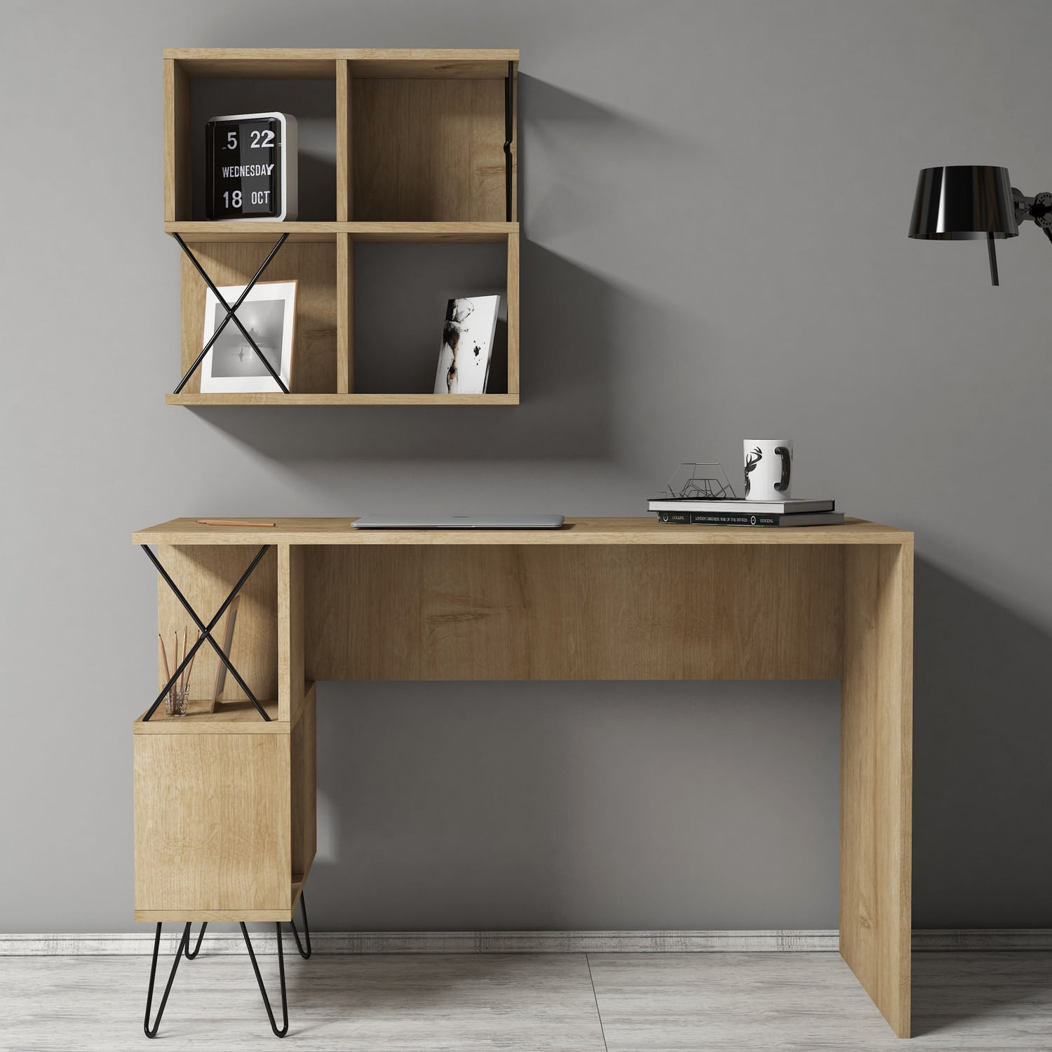 Birou de studiu, Hanah Home, pal melaminat, stejar si negru, 120x60x78.8 cm