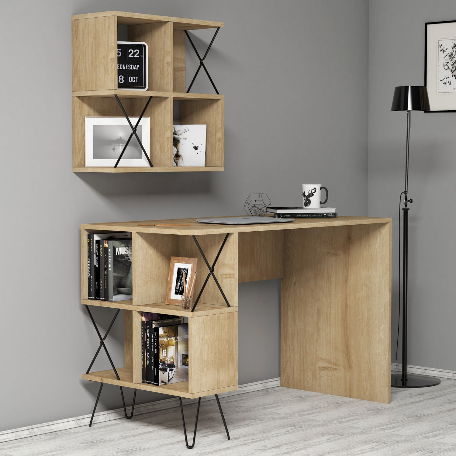 Birou de studiu, Hanah Home, pal melaminat, stejar si negru, 120x60x78.8 cm — imaginea 2