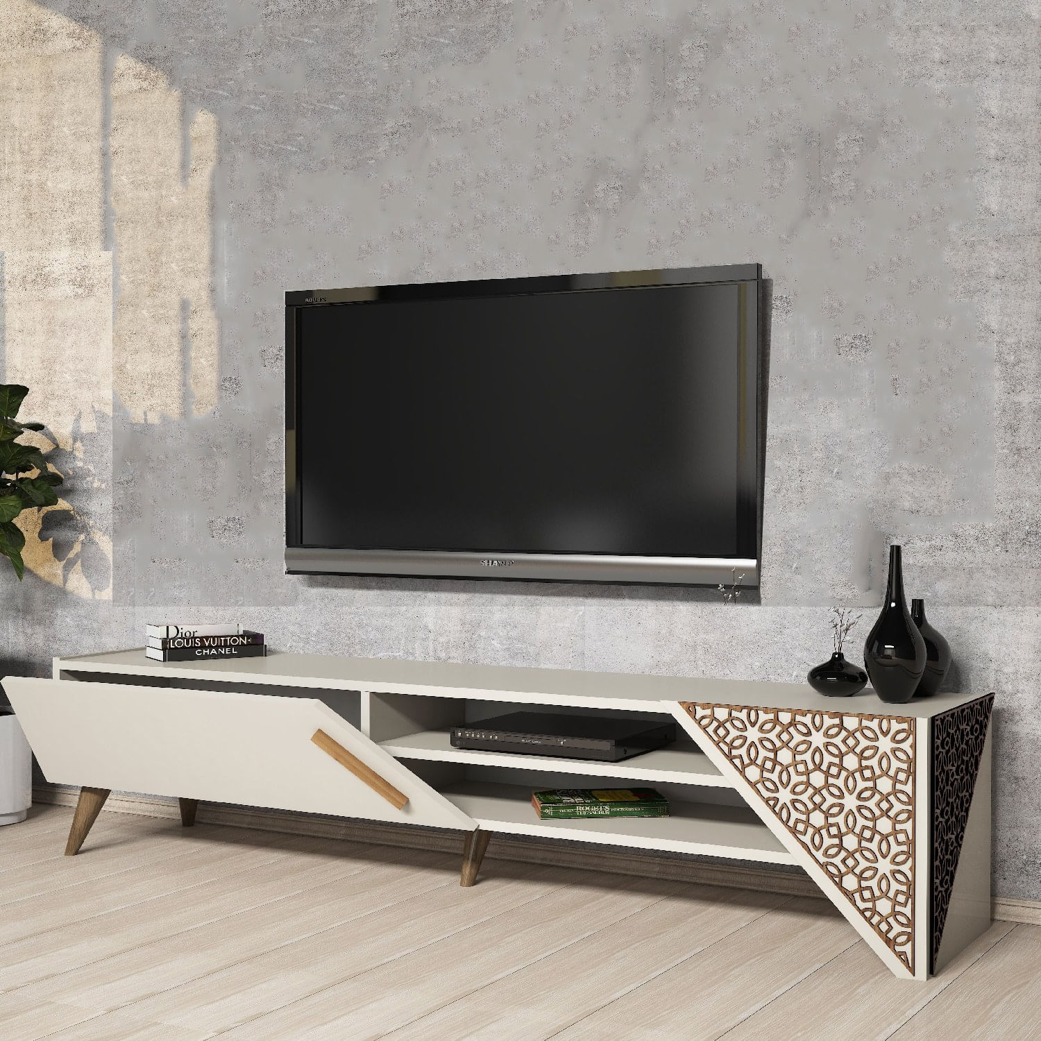 Comoda tv, Hanah Home, pal melaminat, crem, 180x40x37 cm, 845HCT5502 — imaginea 2