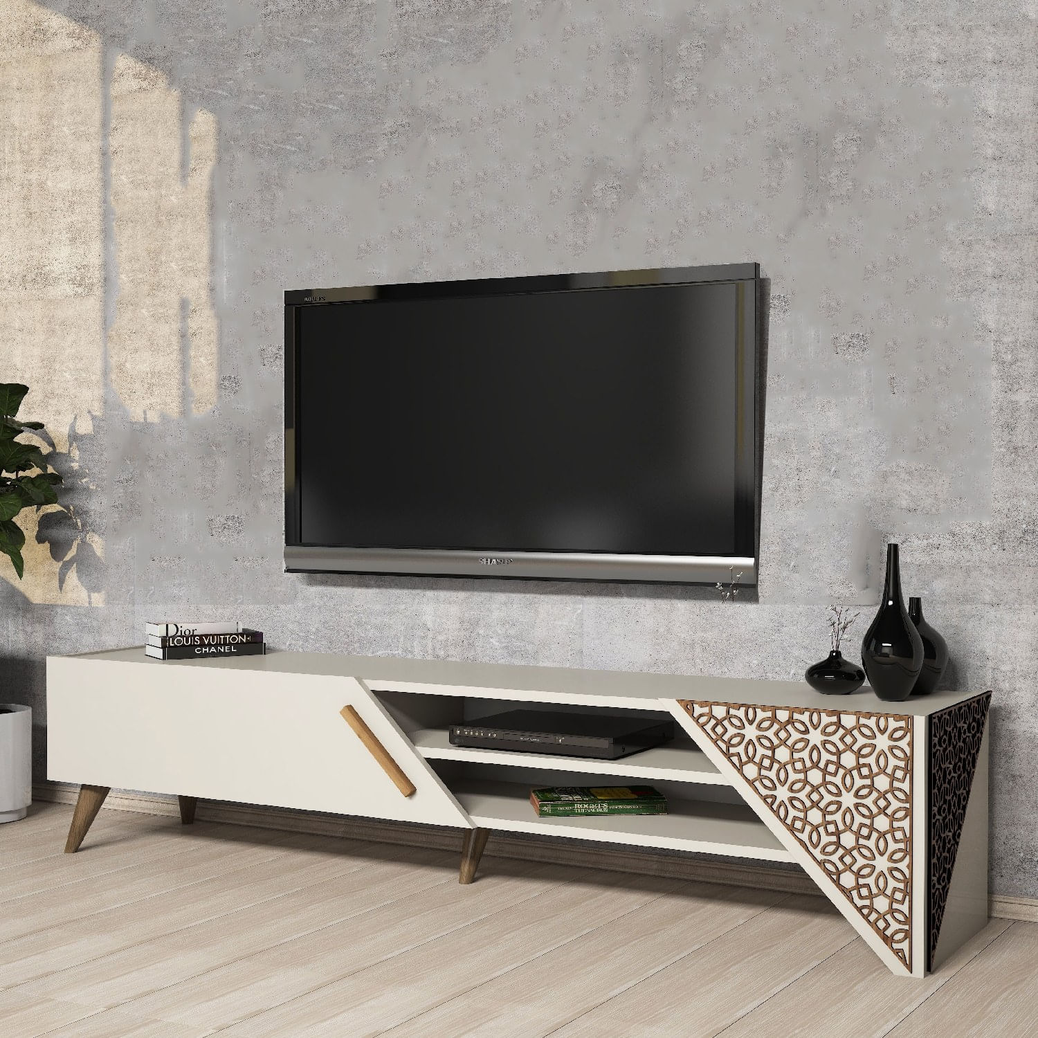 Comoda tv, Hanah Home, pal melaminat, crem, 180x40x37 cm, 845HCT5502 — imaginea 3