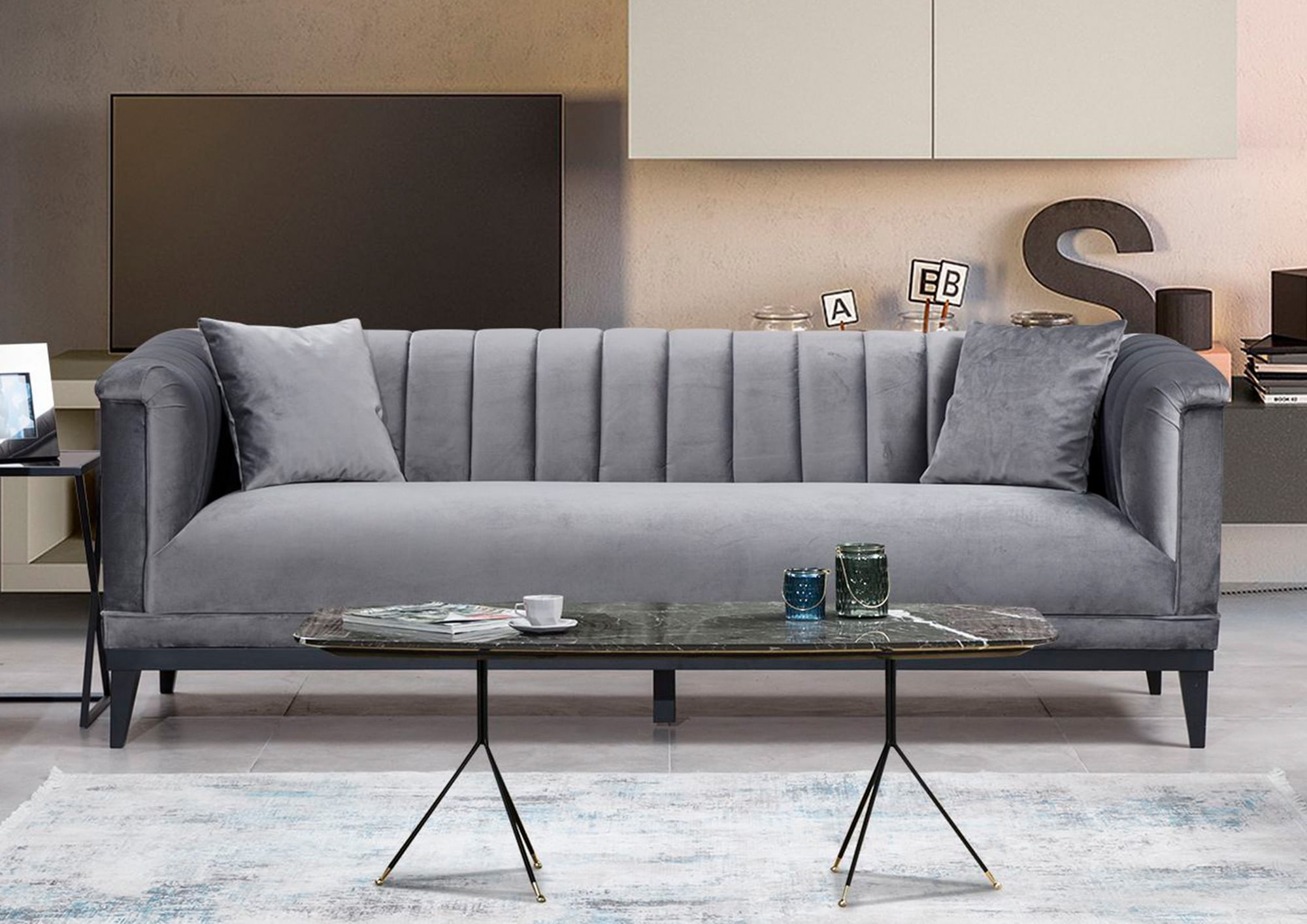 Canapea 3 locuri, Hanah Home, lemn fag, gri inchis, 225x89x79 cm — imaginea 2