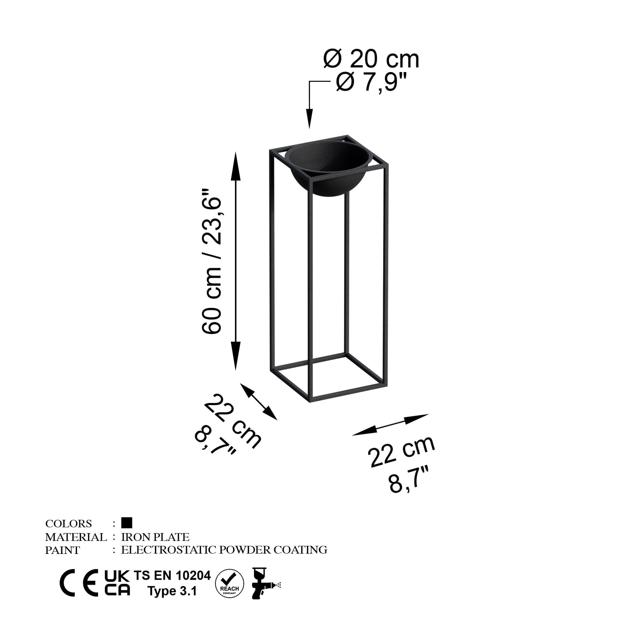 Ghiveci decorativ, Aberto Design, metal, negru, 22x22x60 cm — imaginea 5