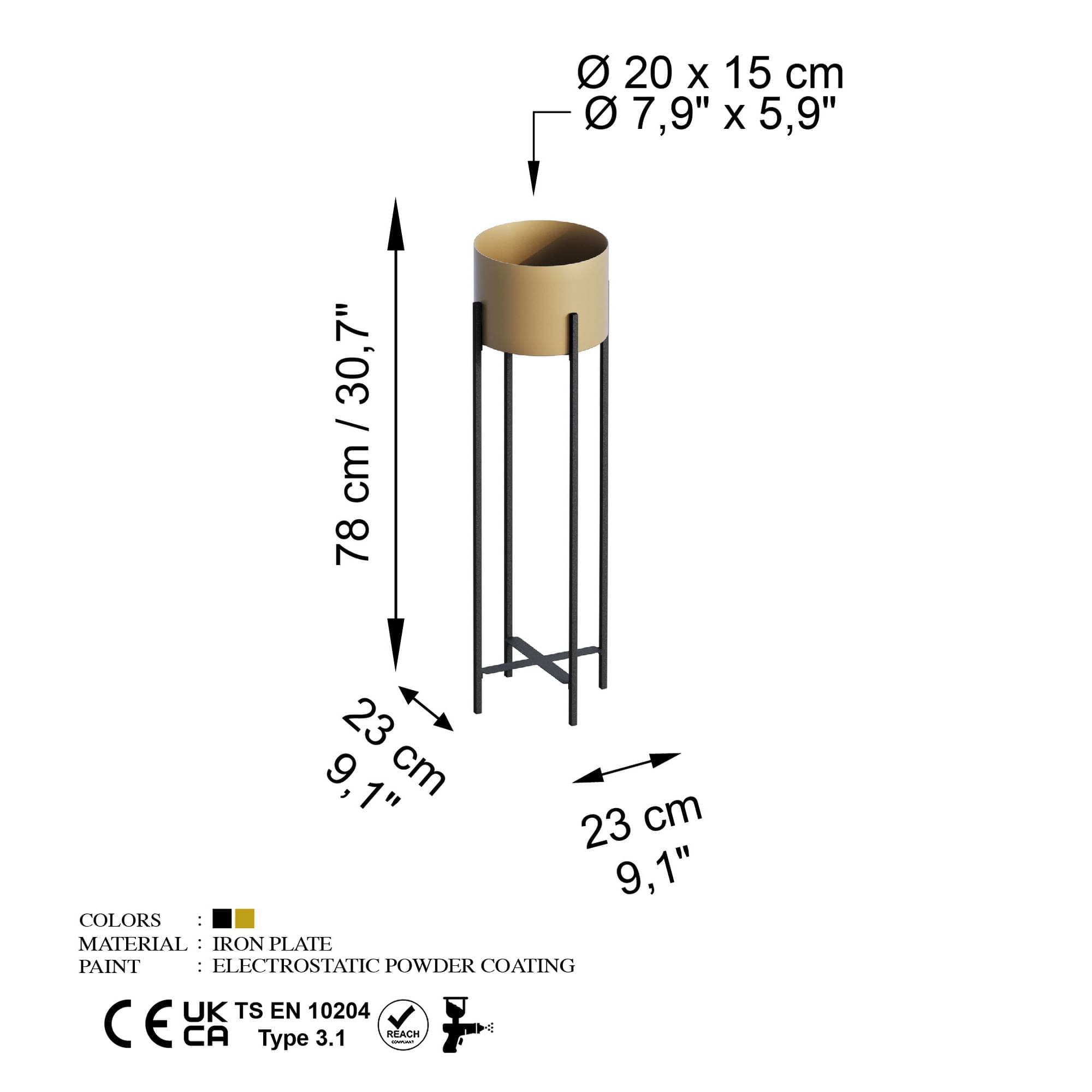 Ghiveci decorativ, Aberto Design, metal, negru auriu, 23x23x78 cm — imaginea 5