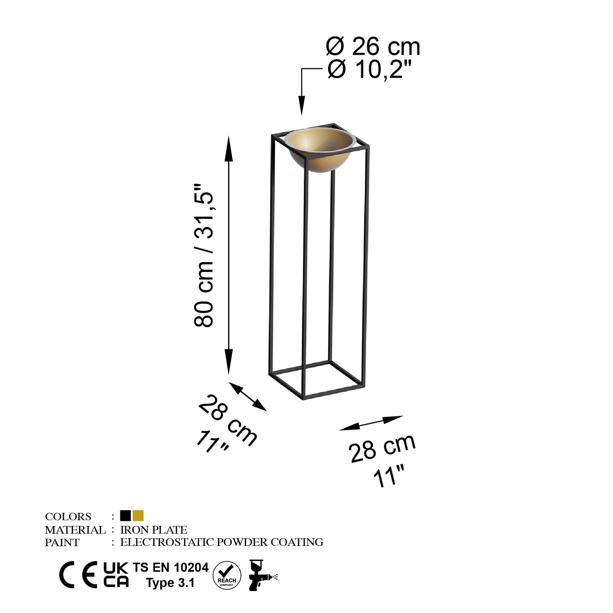 Ghiveci decorativ, Aberto Design, metal, negru auriu, 28x28x80 cm — imaginea 5