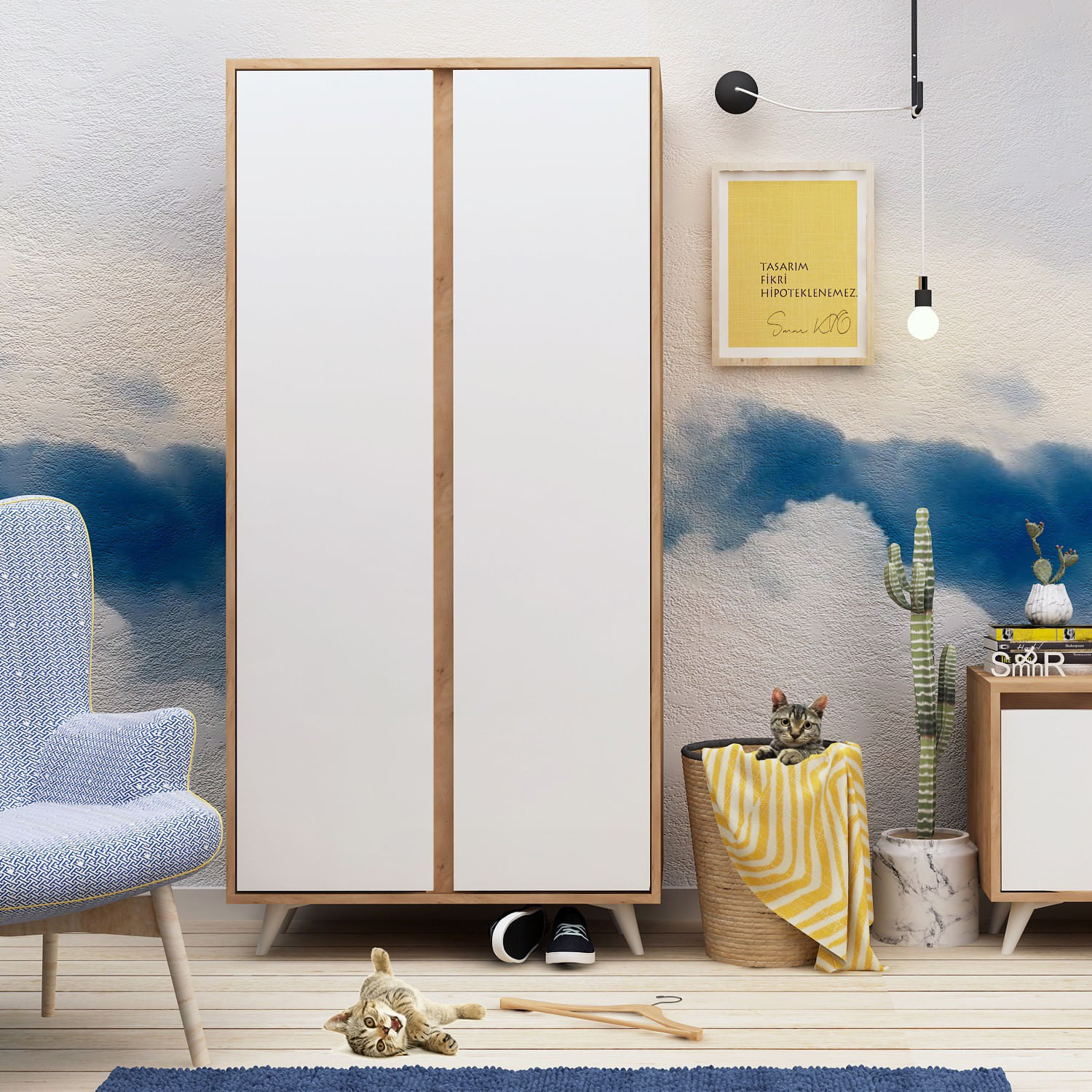 Sifonier, Hanah Home, pal melaminat, stejar si alb, 100x52x187 cm — imaginea 2