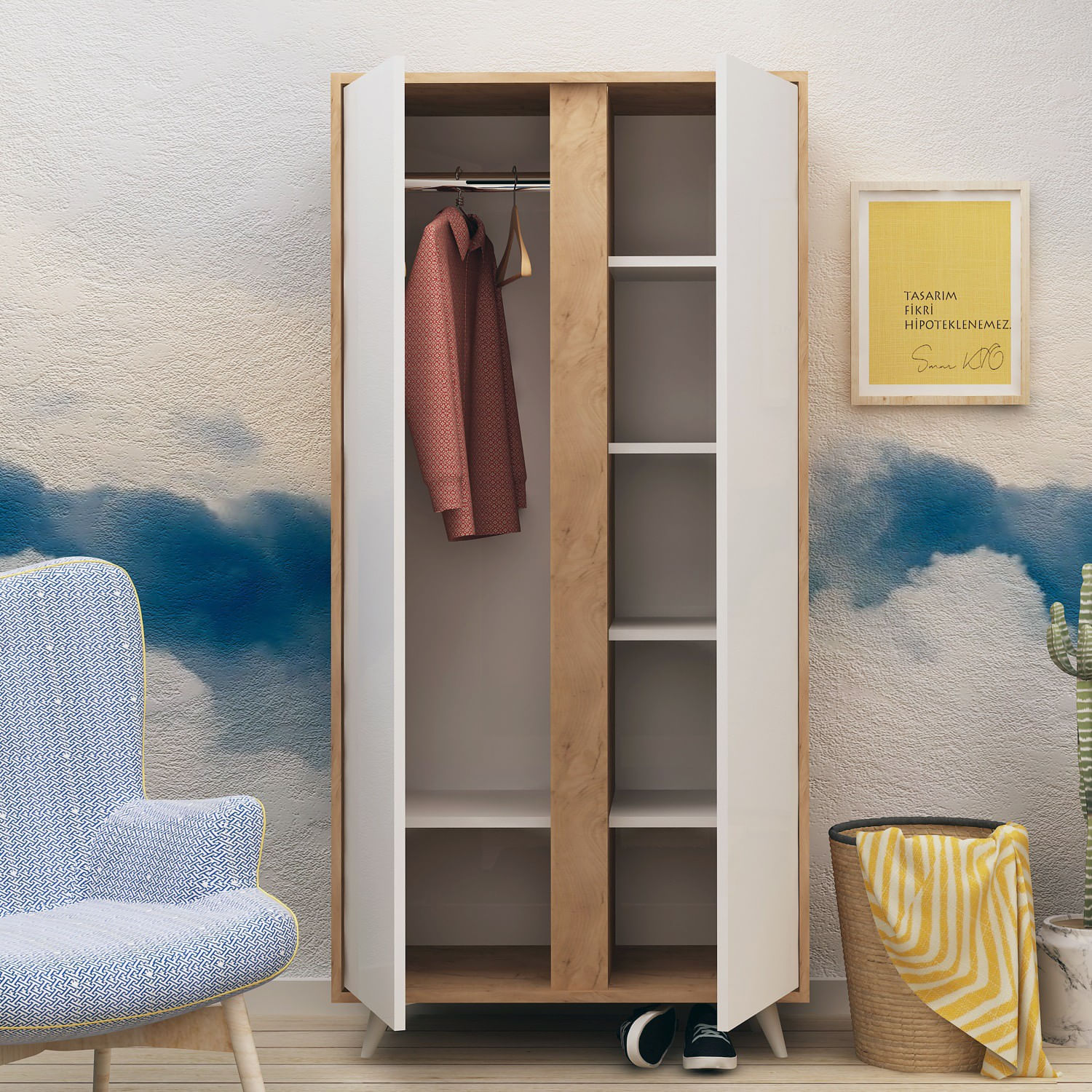 Sifonier, Hanah Home, pal melaminat, stejar si alb, 100x52x187 cm — imaginea 3