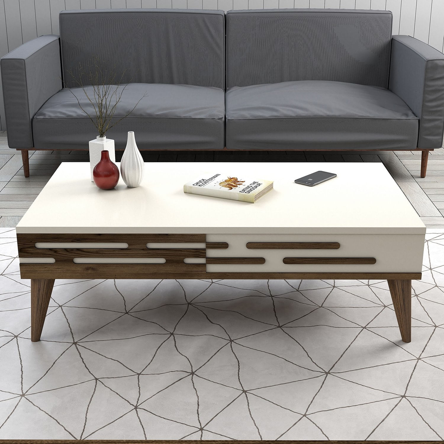 Masuta de cafea, Hanah Home, pal melaminat, nuc si crem, 105x60x34.6 cm, 845HCT5360 — imaginea 3