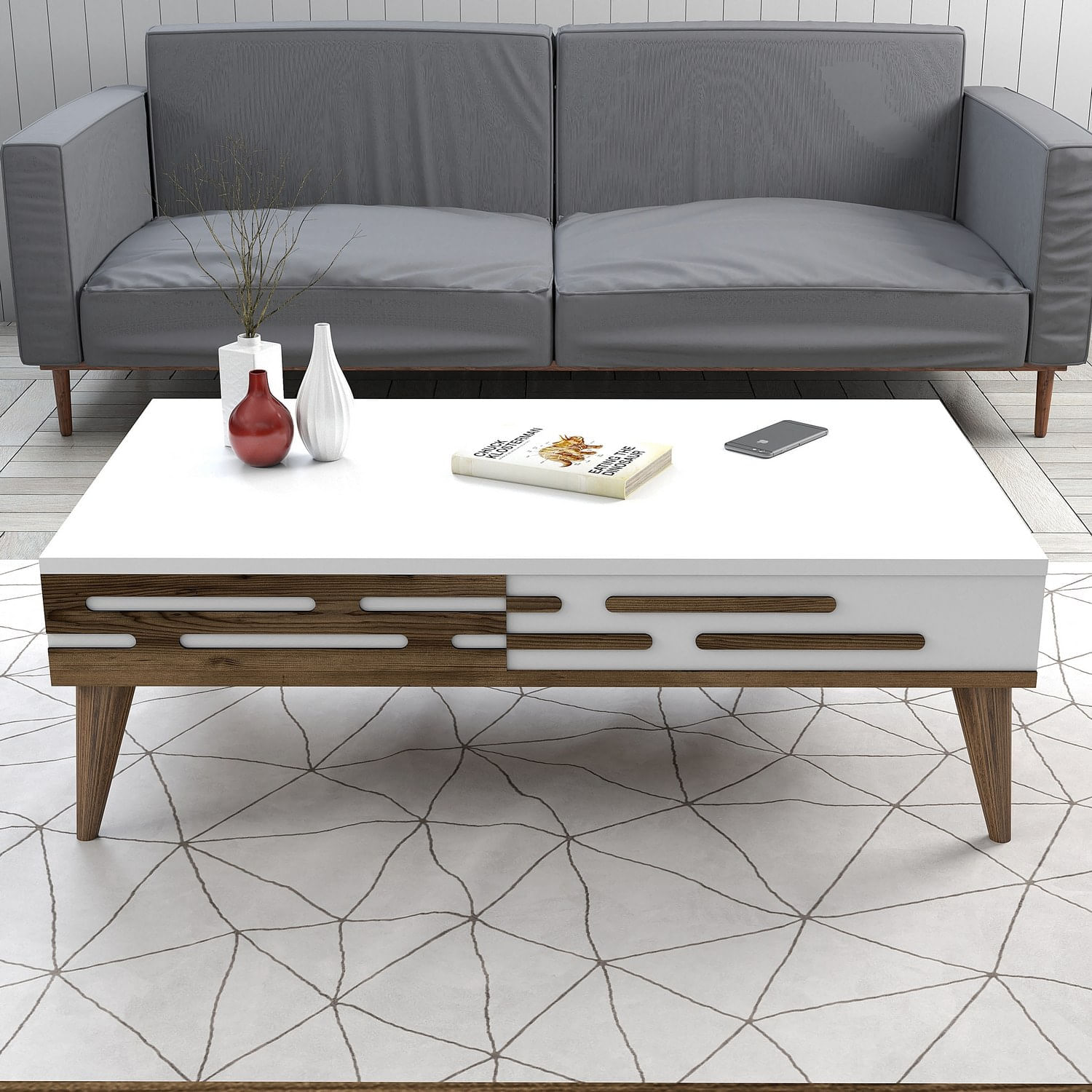 Masuta de cafea, Hanah Home, pal melaminat, nuc si alb, 105x60x34.6 cm, 845HCT5357 — imaginea 3