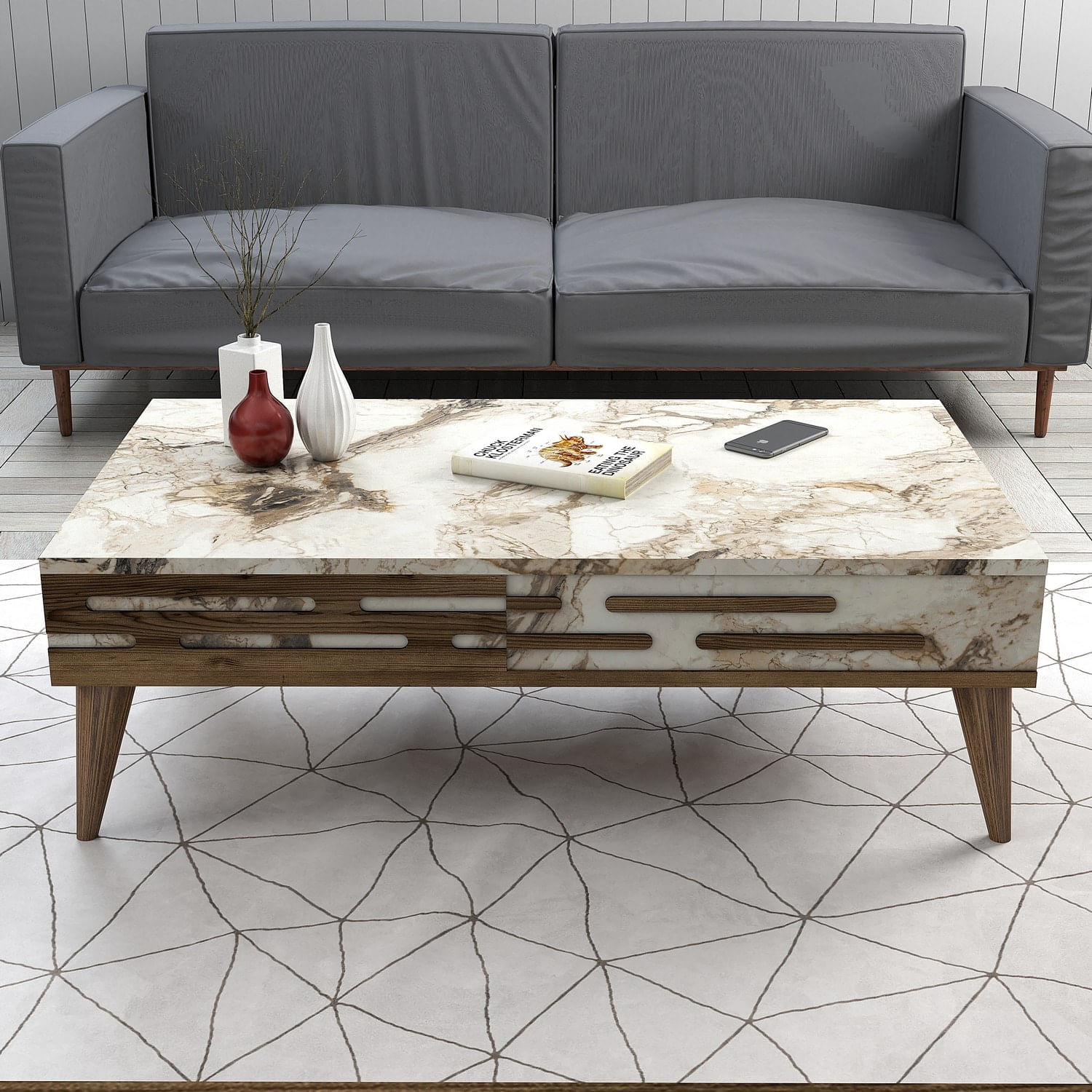 Masuta de cafea, Hanah Home, pal melaminat, nuc, alb, marmura, 105x60x34.6 cm — imaginea 3