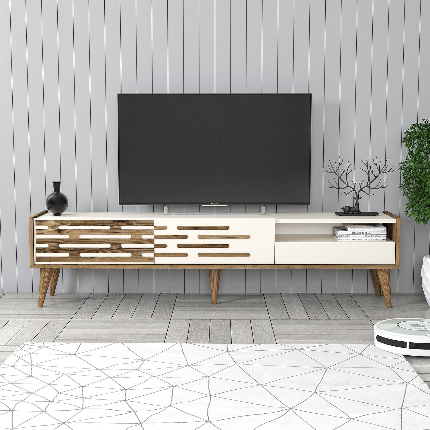 Comoda tv, Hanah Home, pal melaminat, nuc si crem, 180x45x35 cm, 845HCT5353 — imaginea 2