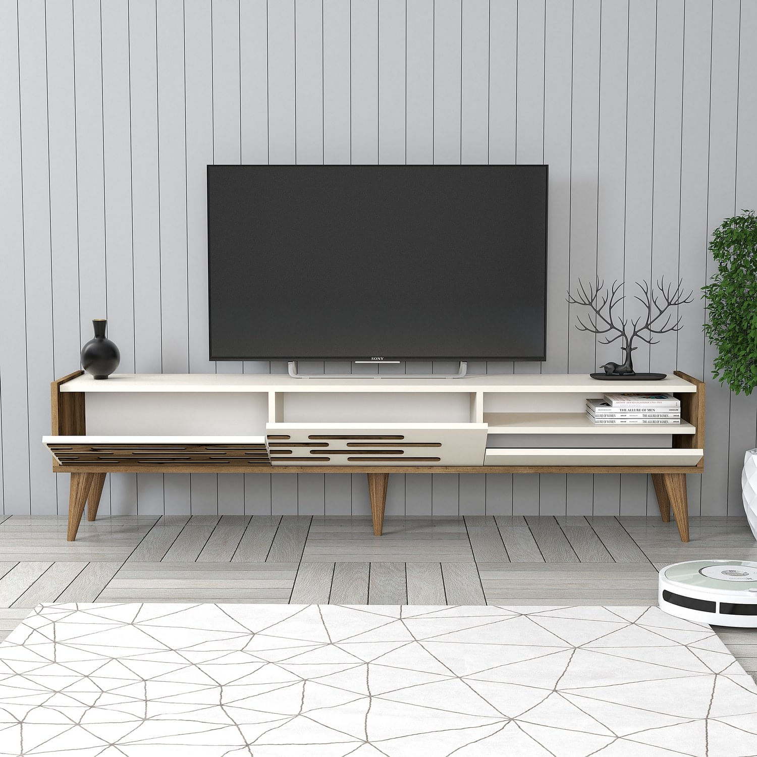 Comoda tv, Hanah Home, pal melaminat, nuc si crem, 180x45x35 cm, 845HCT5353 — imaginea 3