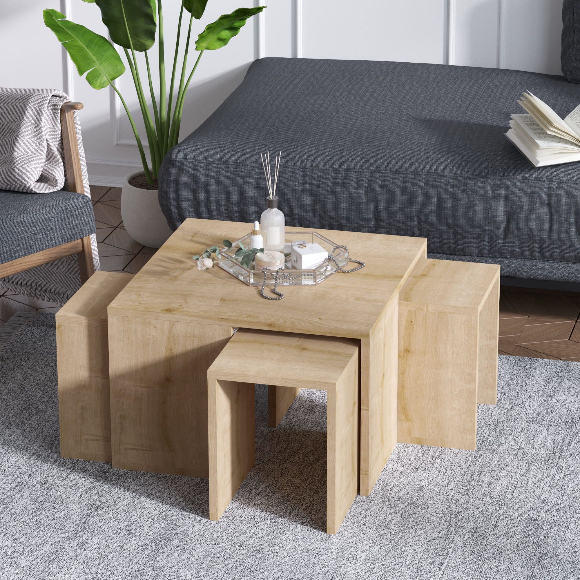 Set masute de cafea, Hanah Home, panou aglomerat melaminat, stejar safir