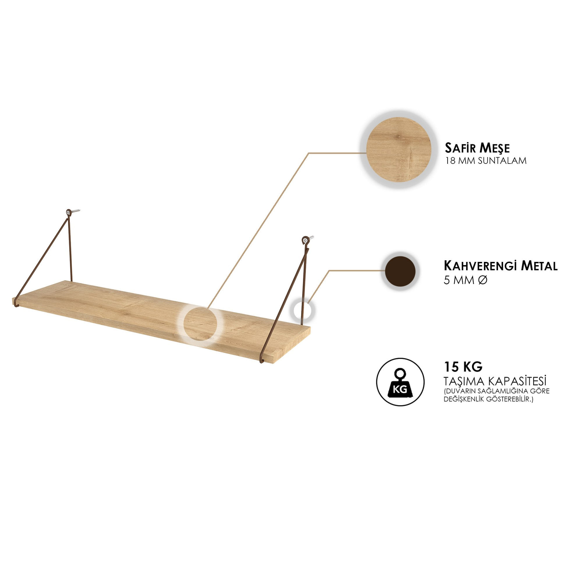 Raft de perete, Hanah Home, pal melaminat, stejar, 72x20x20 cm — imaginea 3