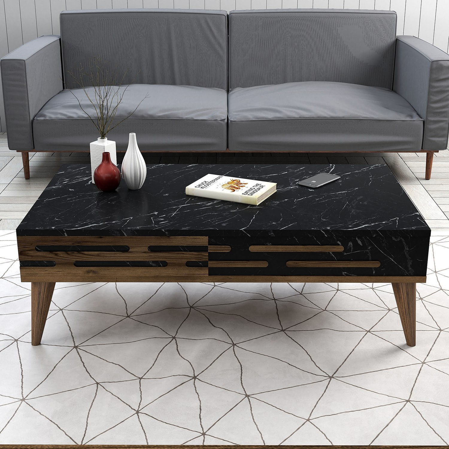 Masuta de cafea, Hanah Home, pal melaminat, nuc, negru, marmura, 105x60x34.6 cm — imaginea 3