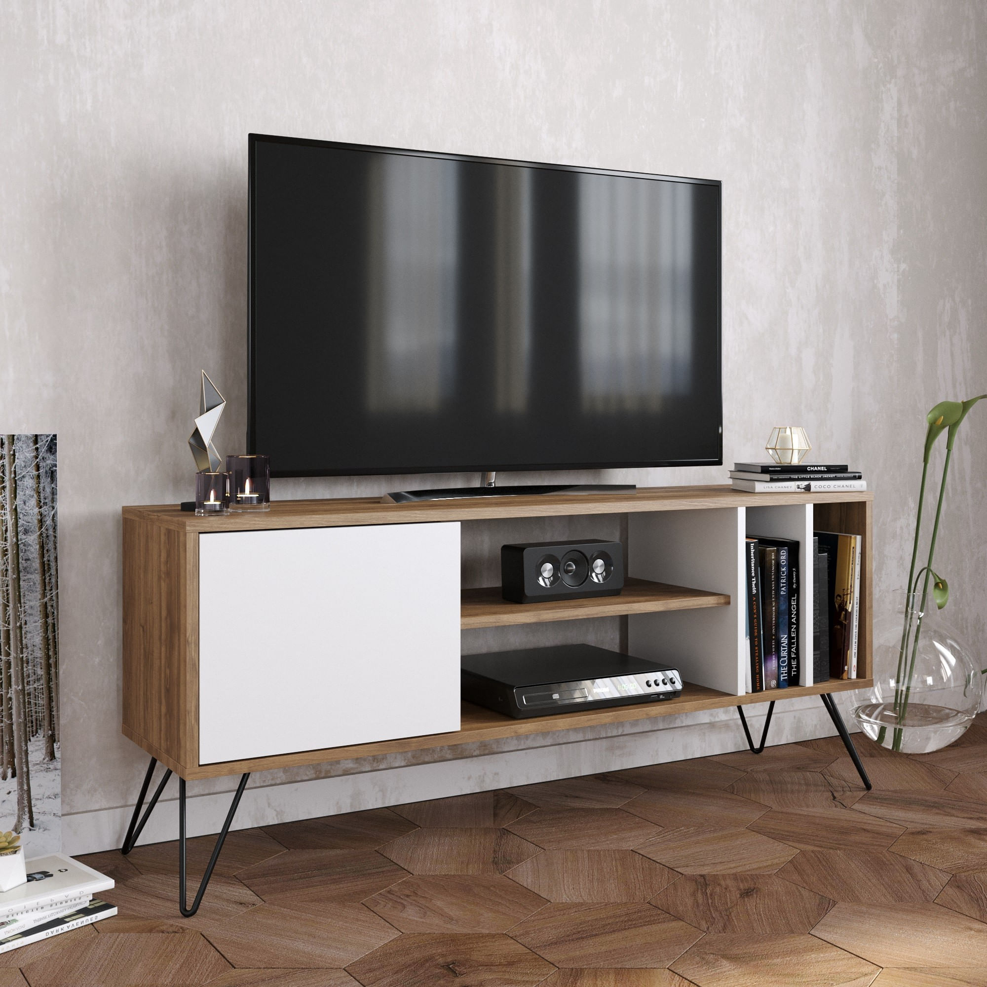 Comoda tv, Hanah Home, pal melaminat, nuc, alb, negru, 140x35.5x58.7 cm — imaginea 2