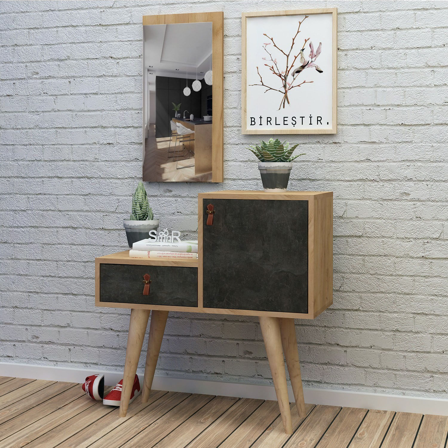Consola hol, Hanah Home, pal melaminat, stejar si gri inchis, 80x40x80 cm — imaginea 3