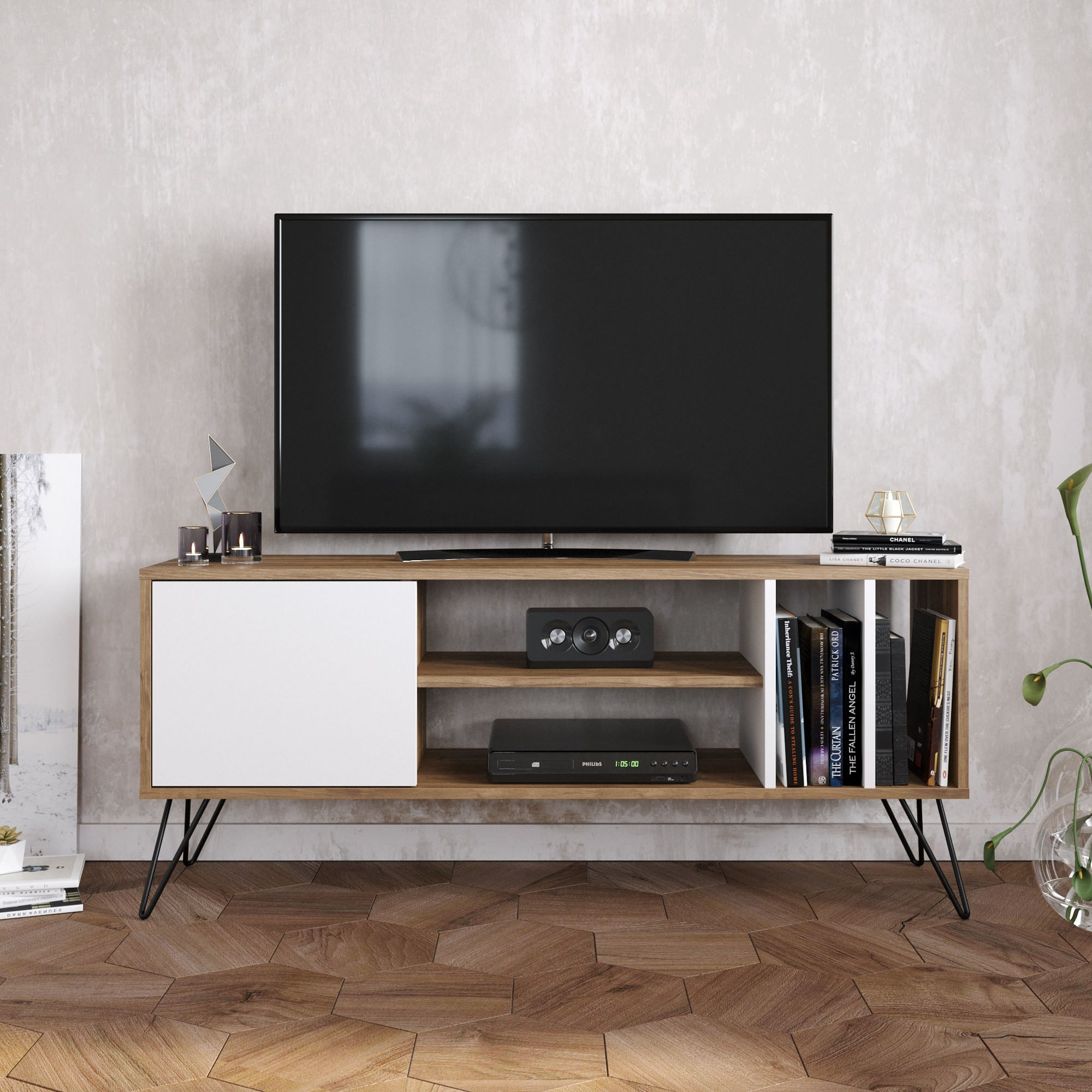 Comoda tv, Hanah Home, pal melaminat, nuc, alb, negru, 140x35.5x58.7 cm — imaginea 4