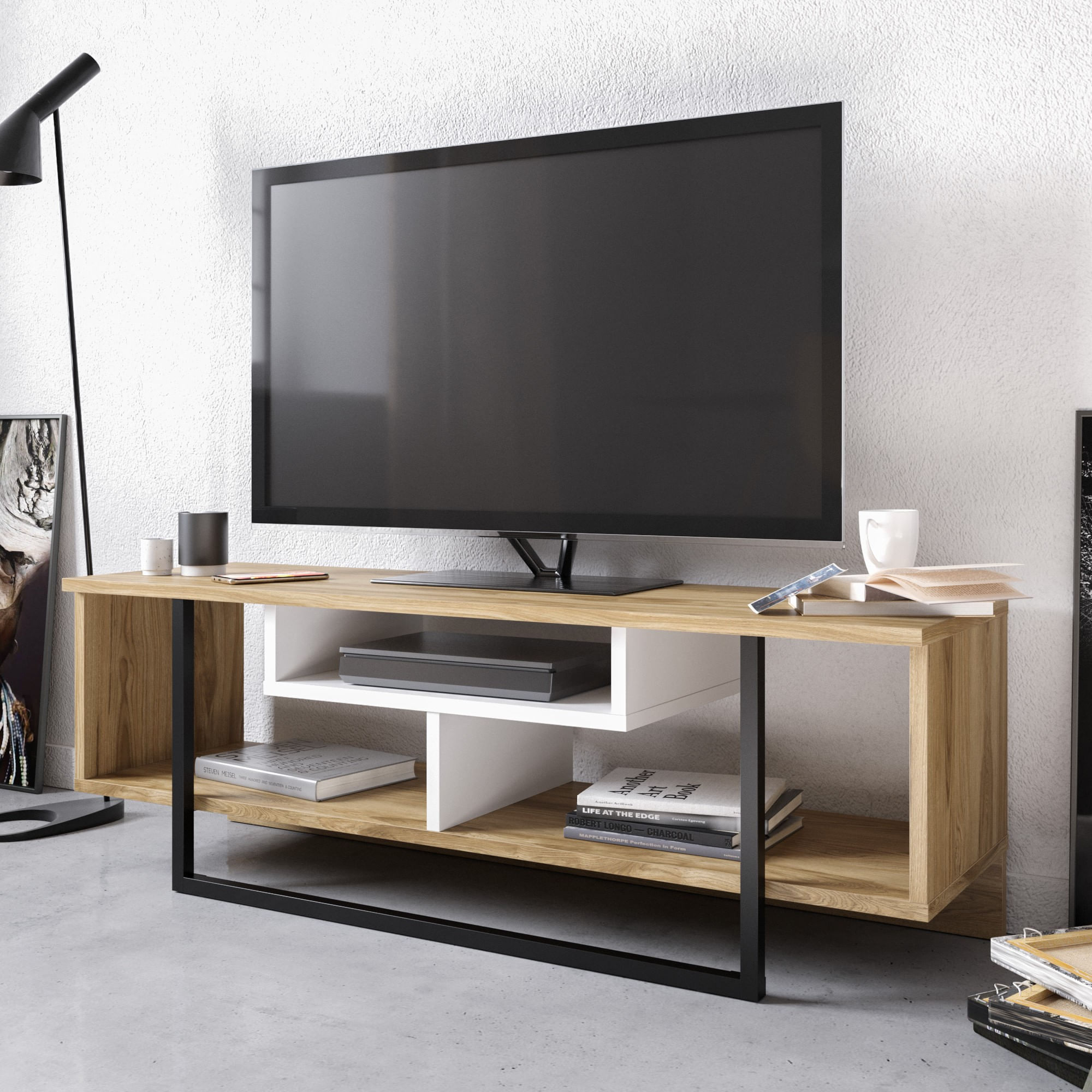 Comoda tv, Hanah Home, pal melaminat, alb, negru, stejar, 119.4x35.2x40.2 cm — imaginea 2