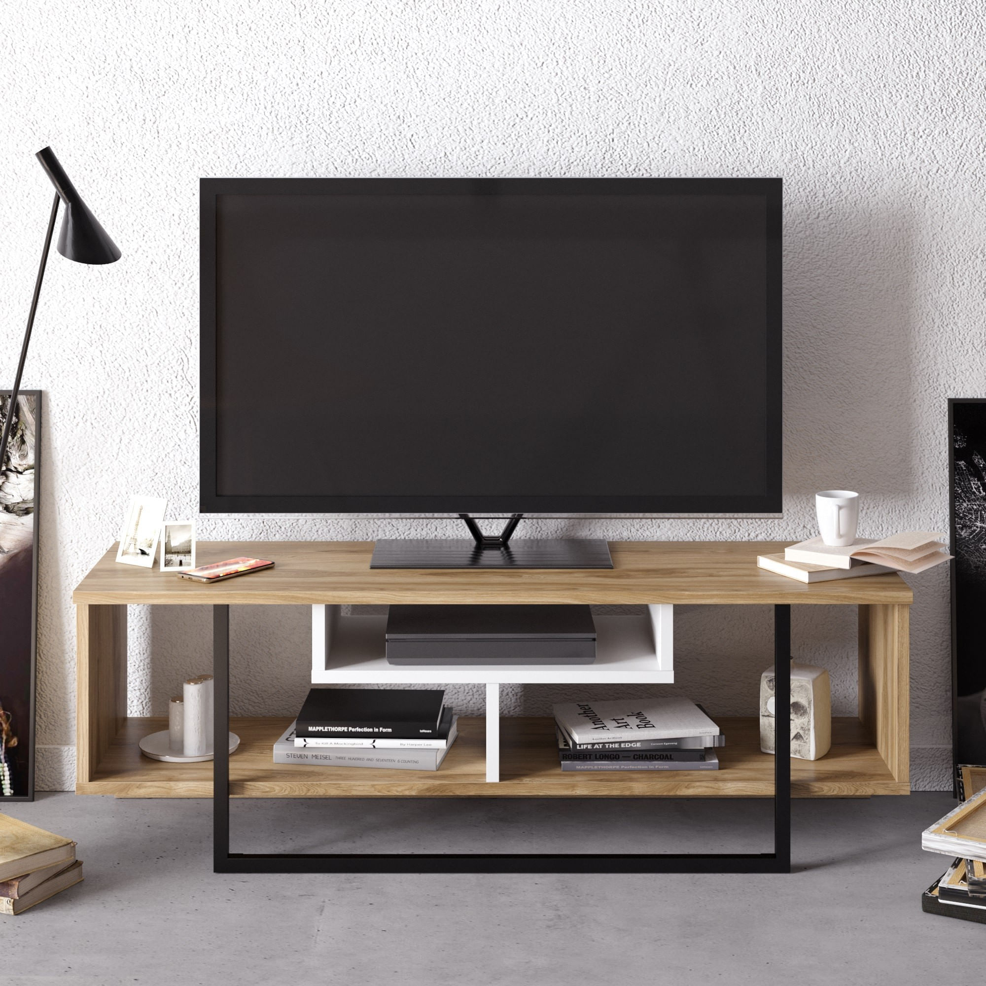 Comoda tv, Hanah Home, pal melaminat, alb, negru, stejar, 119.4x35.2x40.2 cm — imaginea 3