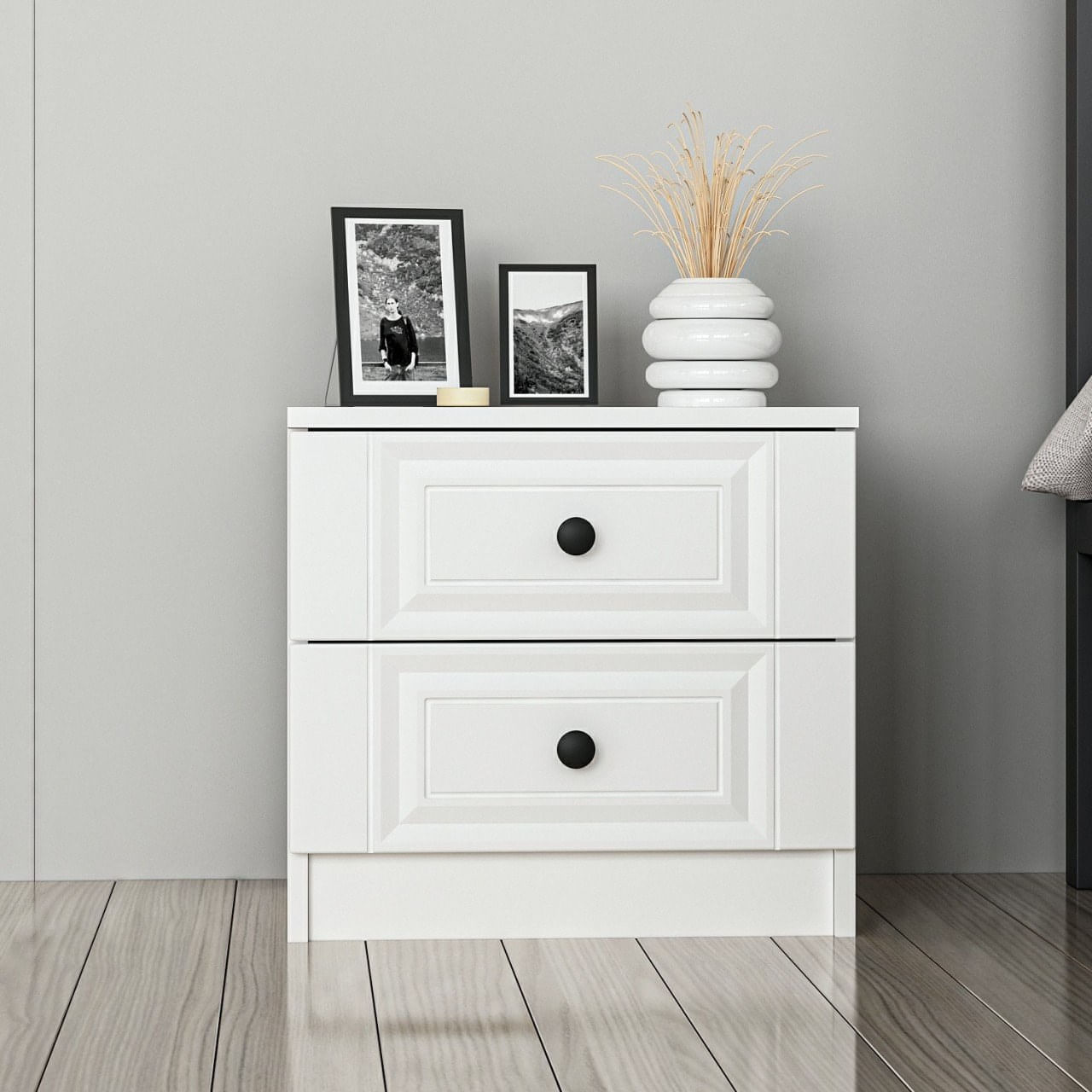 Noptiera, Hanah Home, panou de particule acoperit cu melamina, alb, 54x47x40 cm — imaginea 2