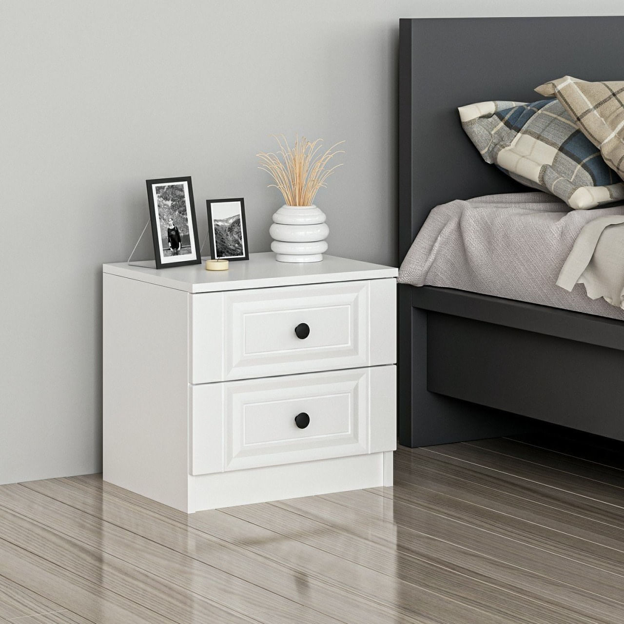 Noptiera, Hanah Home, panou de particule acoperit cu melamina, alb, 54x47x40 cm — imaginea 4