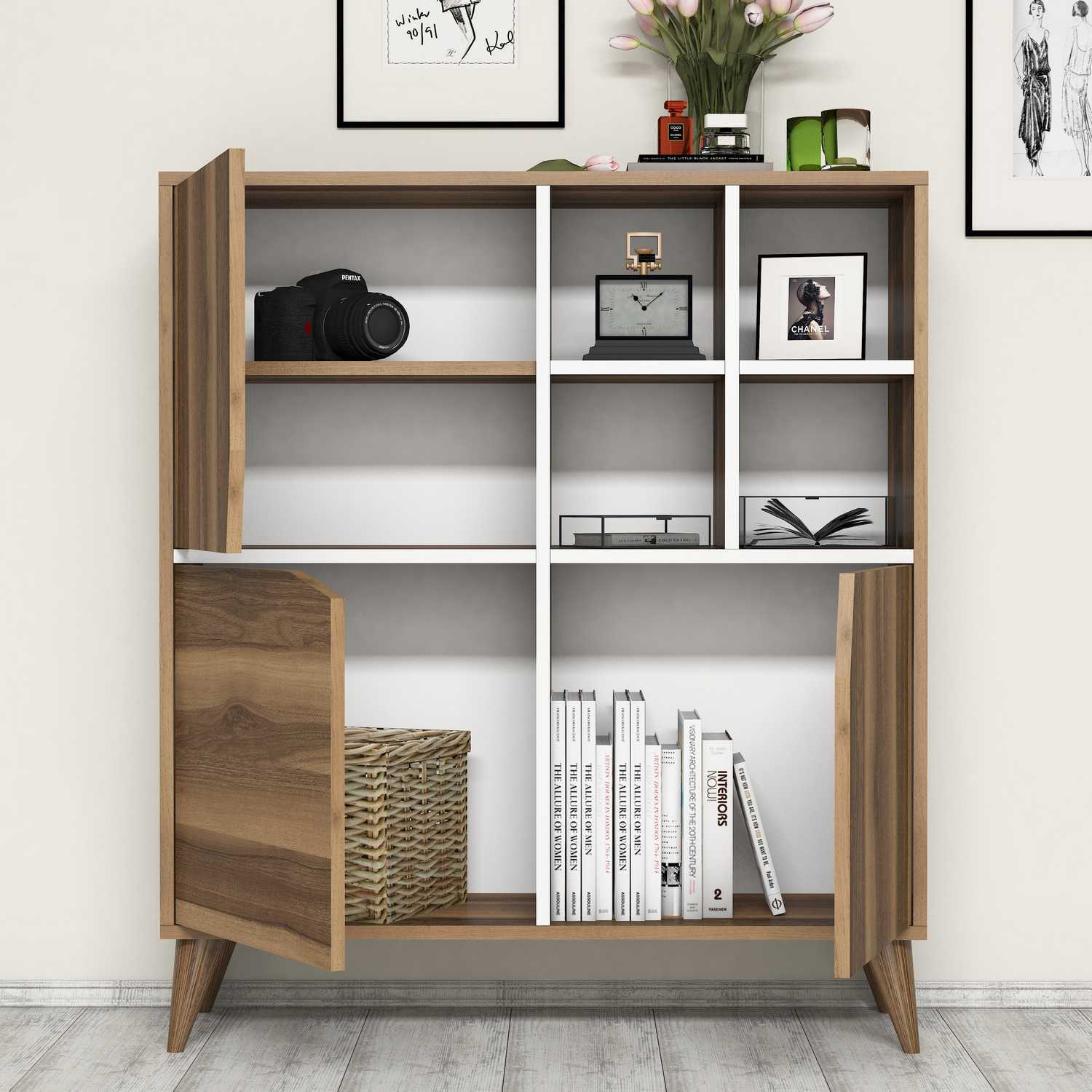 Dulap multifunctional, Hanah Home, panou aglomerat melaminat, nuc si alb, 100x115x30 cm — imaginea 3