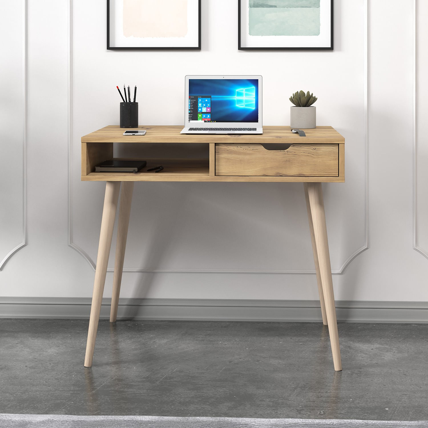 Birou, Hanah Home, panou de particule melaminat, stejar, 90x60x80 cm — imaginea 2