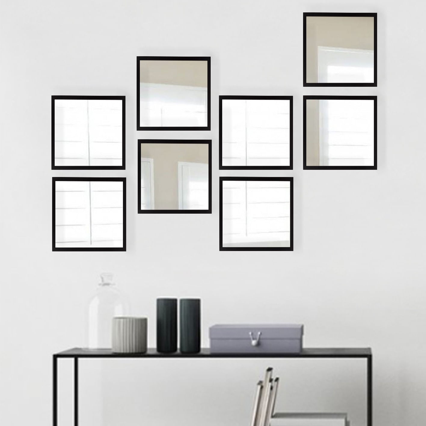 Set oglinzi, Wallxpert, sticla, rama plastic laminat, argintiu si negru, 24x24 cm, 8 piese, 365LAR1170