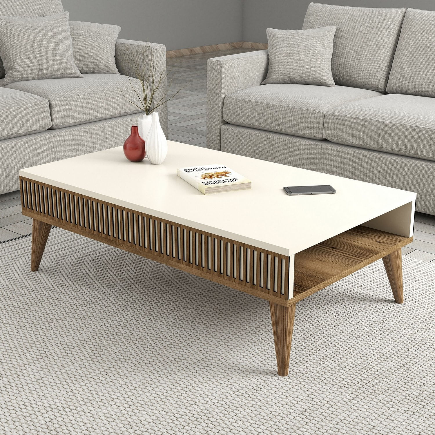 Masuta de cafea, Hanah Home, pal melaminat, nuc si crem, 105x60x34.6 cm, 845HCT2887 — imaginea 2