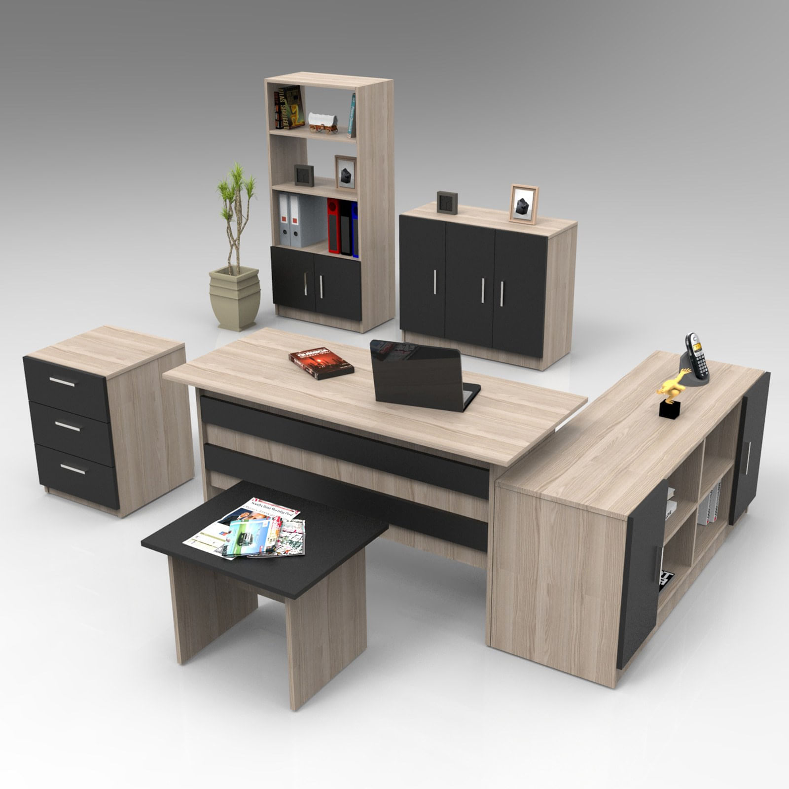 Set mobilier birou, Hanah Home, pal melaminat, stejar si negru, 956LCS3406