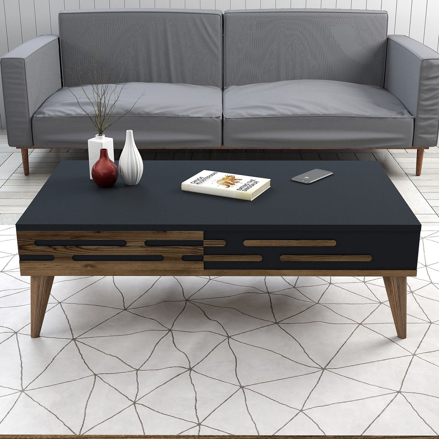 Masuta de cafea, Hanah Home, pal melaminat, nuc si antracit, 105x60x34.6 cm, 845HCT5356 — imaginea 3