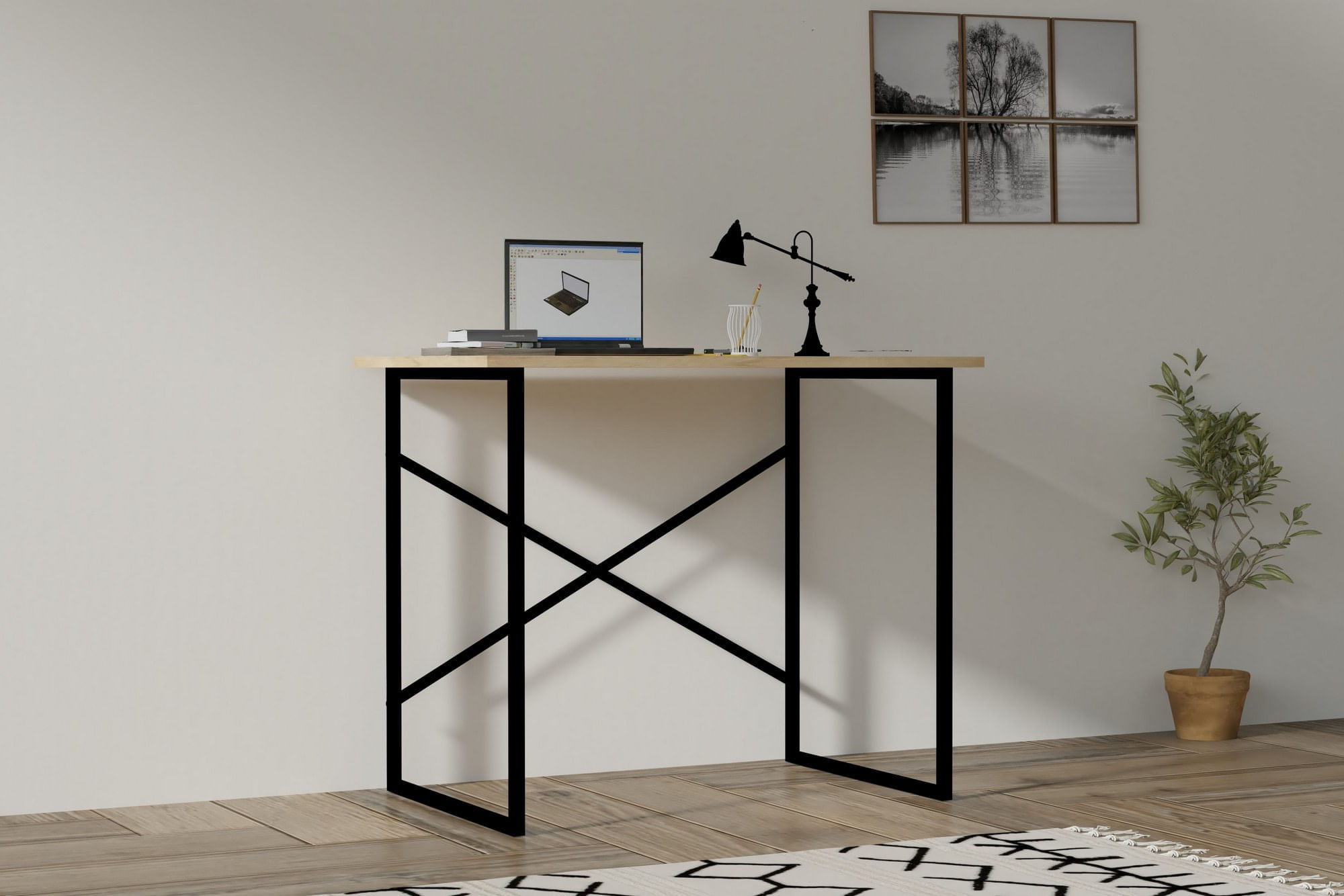 Birou, Hanah Home, pal melaminat, stejar si negru, 90x56x76 cm — imaginea 2