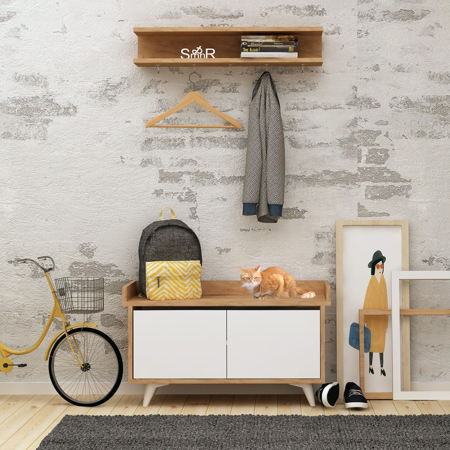 Cuier, Hanah Home, pal melaminat, stejar si alb, 90x35x60 cm — imaginea 2