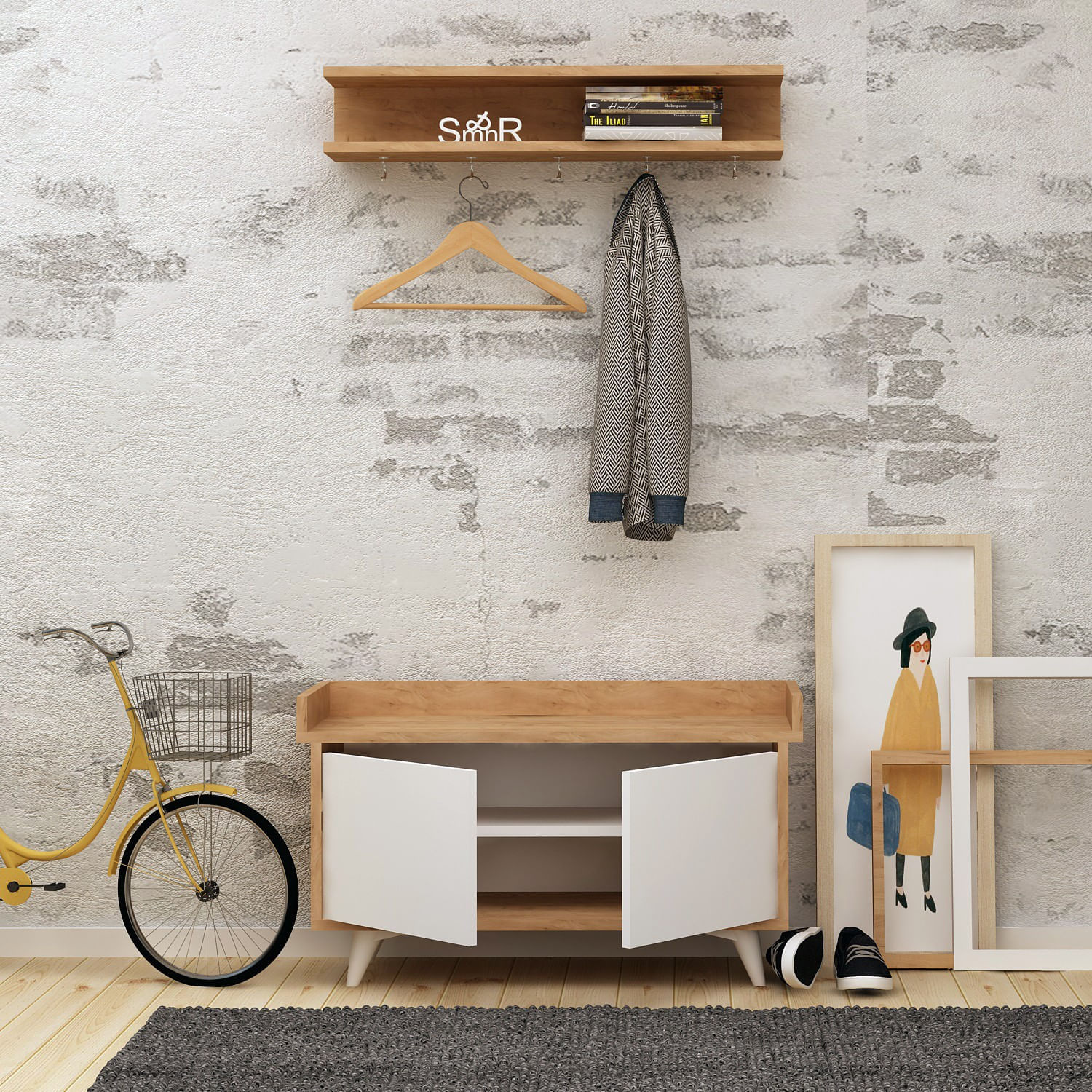 Cuier, Hanah Home, pal melaminat, stejar si alb, 90x35x60 cm — imaginea 3